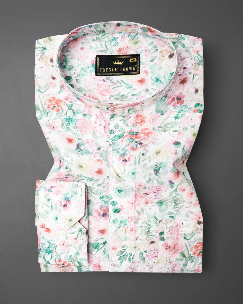 Bright White Multicolor Floral Printed Premium Cotton Shirt