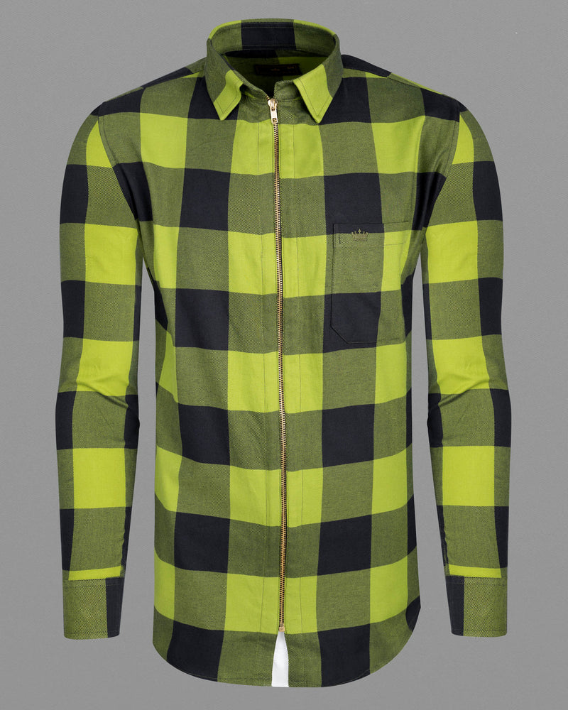 Avocado Green and Jade Black Checkered Flannel zipper Overshirt/Shacket