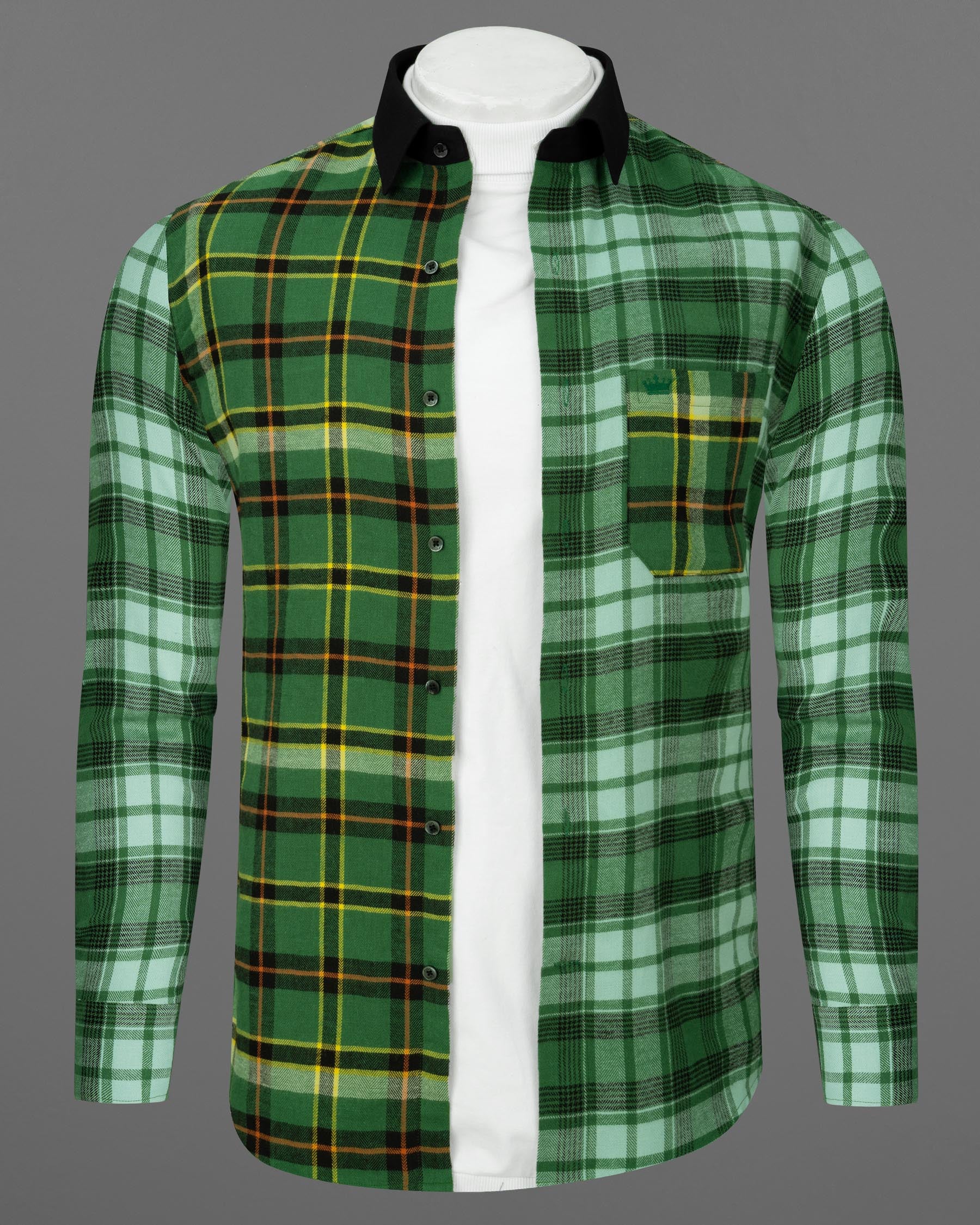 Eucalyptus Green Multicolor Plaid with Black Collar Designer Shirt