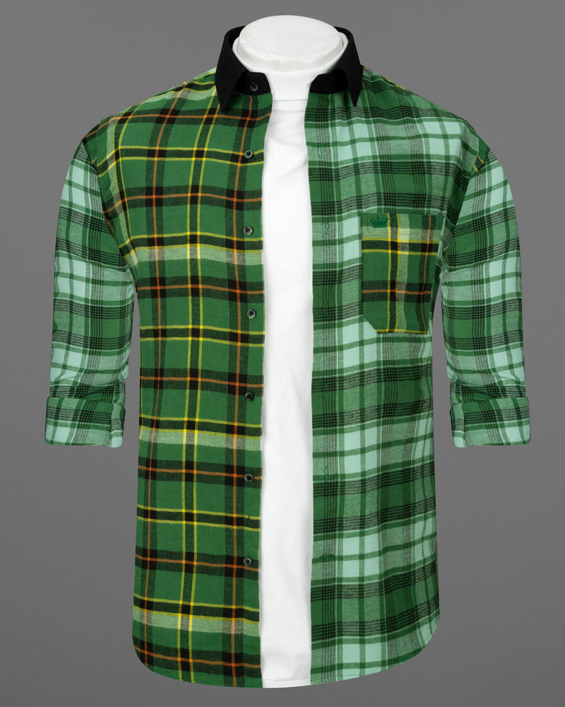 Eucalyptus Green Multicolor Plaid with Black Collar Designer Shirt