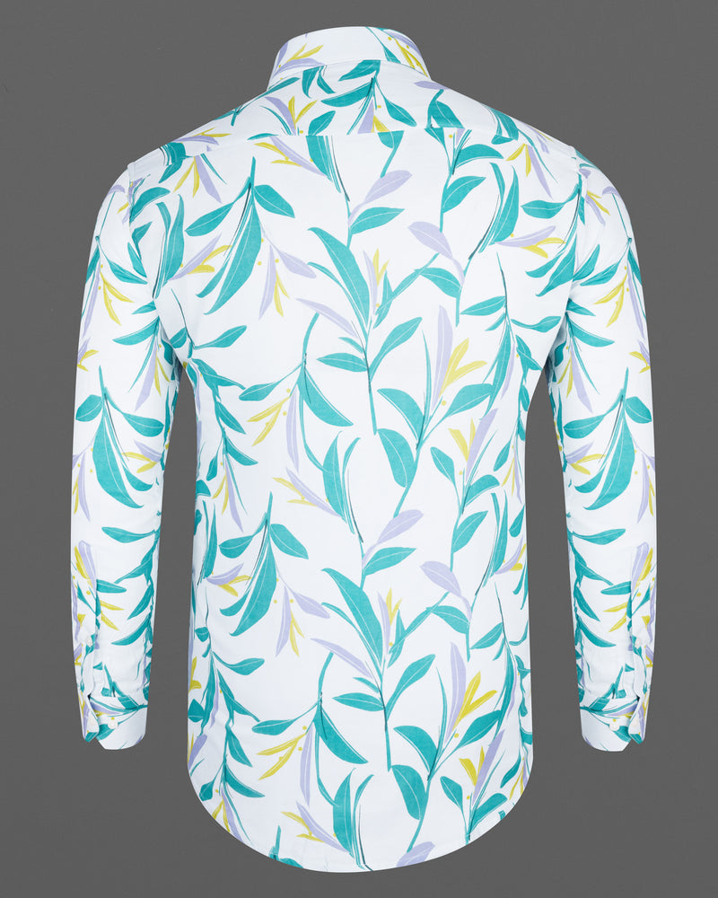 Bright White Multicolor Leaves Printed Premium Cotton Shirt