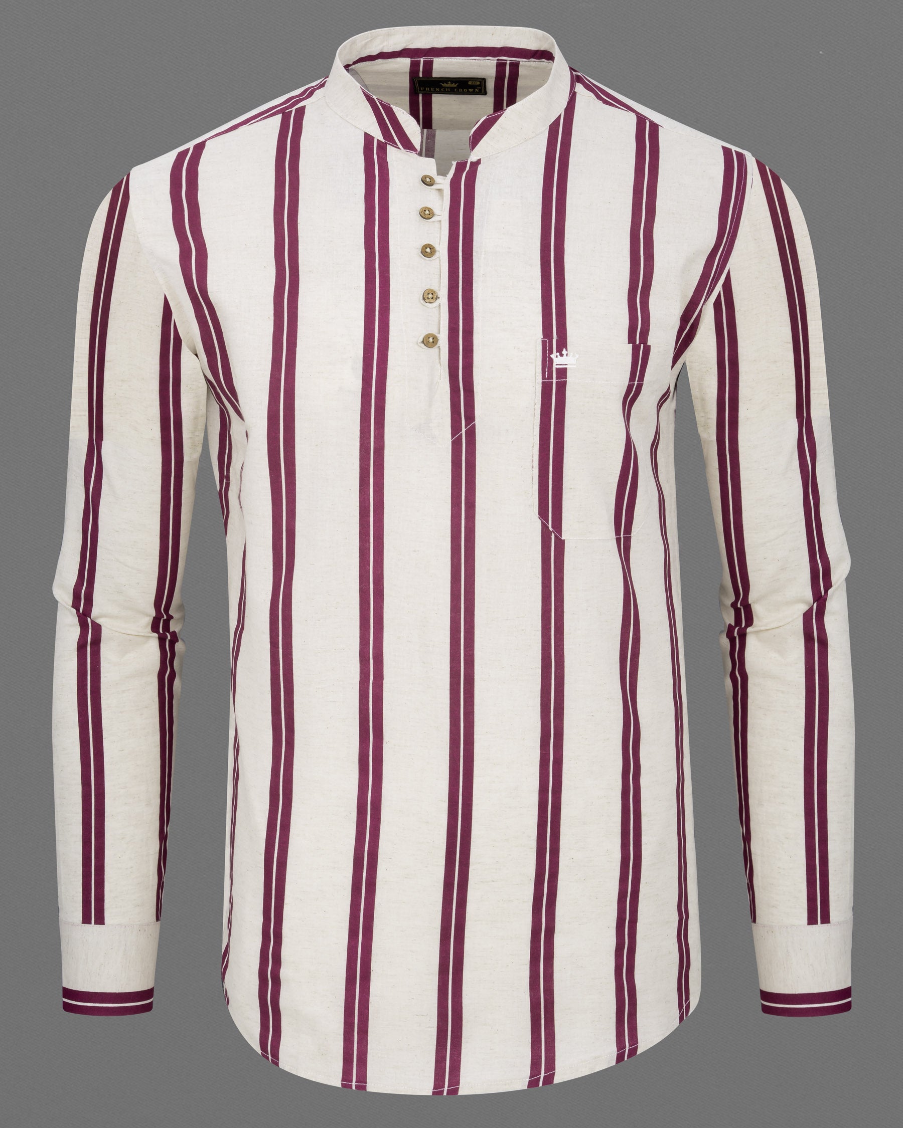 Gainsboro with Wine Berry Striped Luxurious Linen Kurta Shirt