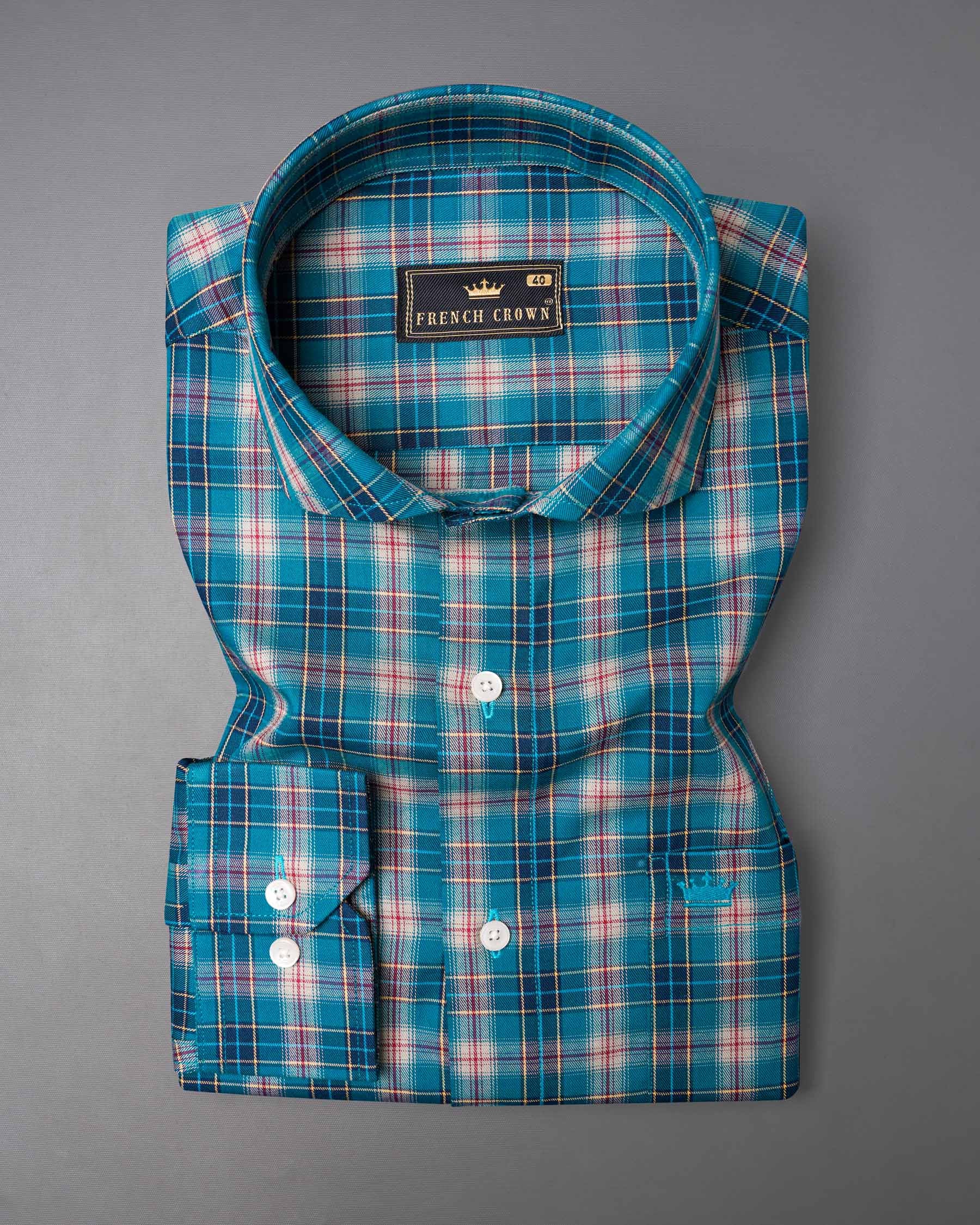 Ocean Blue Twill Plaid Premium Cotton Shirt