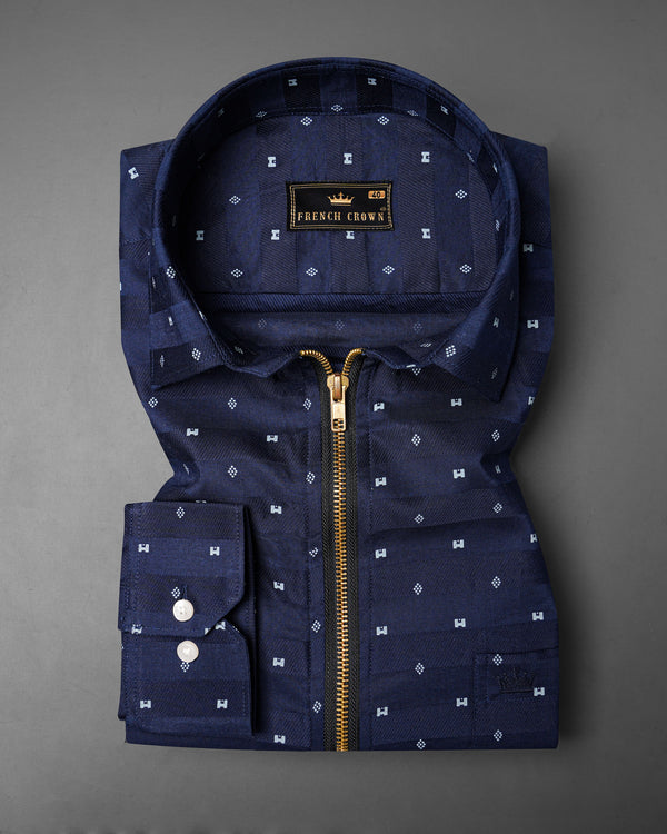 Port Gore Blue Subtle Striped Dobby Textured Premium Giza Cotton zipper Overshirt/Shacket