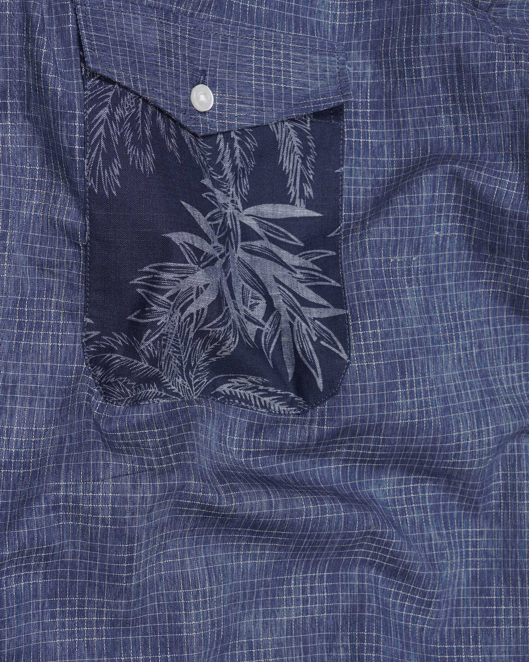 Denim Blue and Gunmetal Blue Checkered and Leaves Textured Chambray Designer Shirt 7520-38, 7520-H-38, 7520-39, 7520-H-39, 7520-40, 7520-H-40, 7520-42, 7520-H-42, 7520-44, 7520-H-44, 7520-46, 7520-H-46, 7520-48, 7520-H-48, 7520-50, 7520-H-50, 7520-52, 7520-H-52