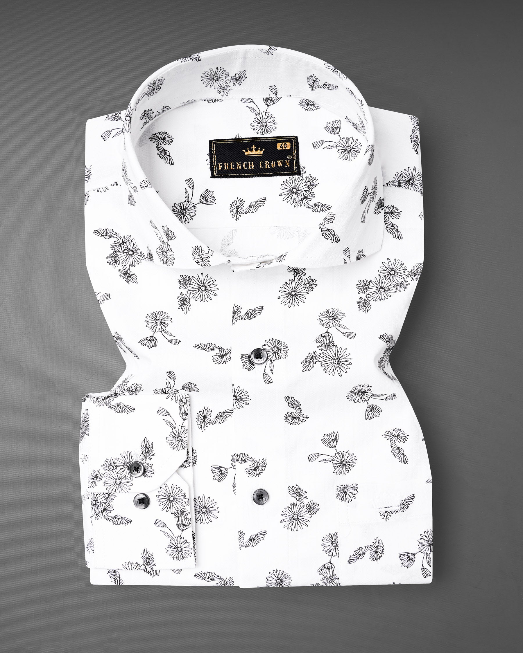 Bright White with Black Floral Dobby Textured Premium Giza Cotton Shirt