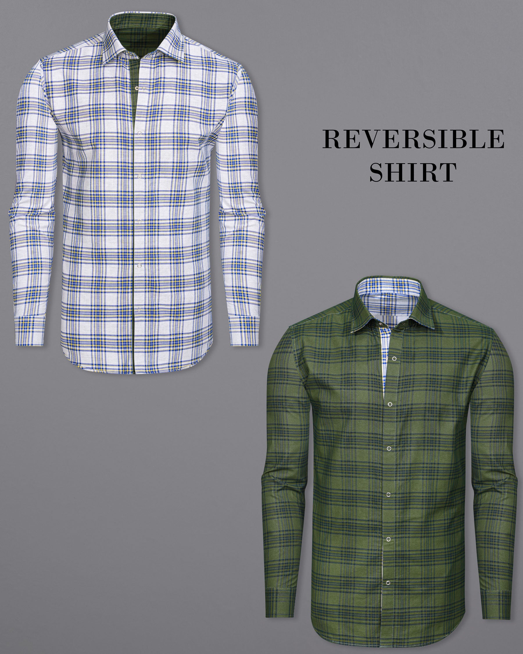 Wood Green and Bright White Plaid Royal Oxford Reversible Shirt 7538-38,7538-38,7538-39,7538-39,7538-40,7538-40,7538-42,7538-42,7538-44,7538-44,7538-46,7538-46,7538-48,7538-48,7538-50,7538-50,7538-52,7538-52