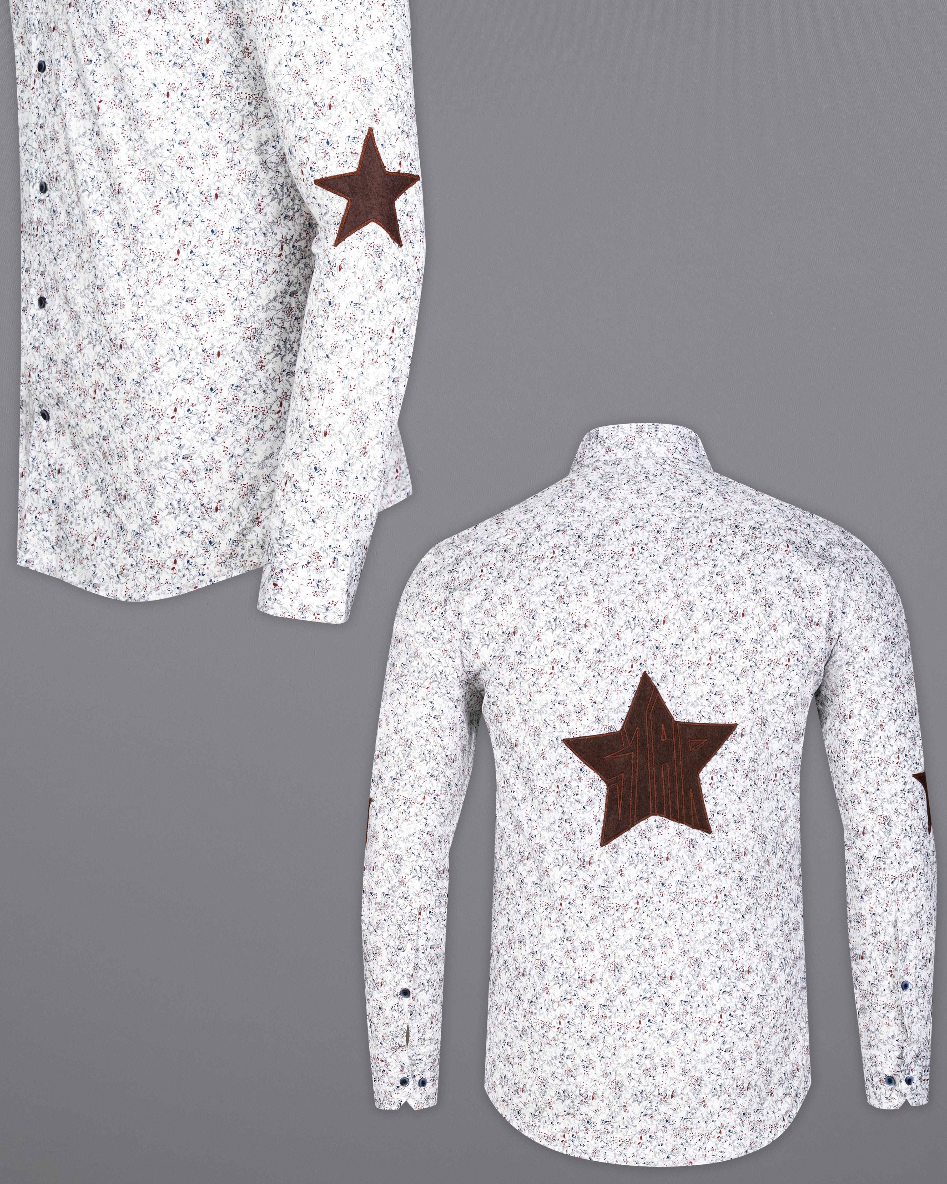 Bright White Textured with Star Patchwork Chambray Designer Shirt