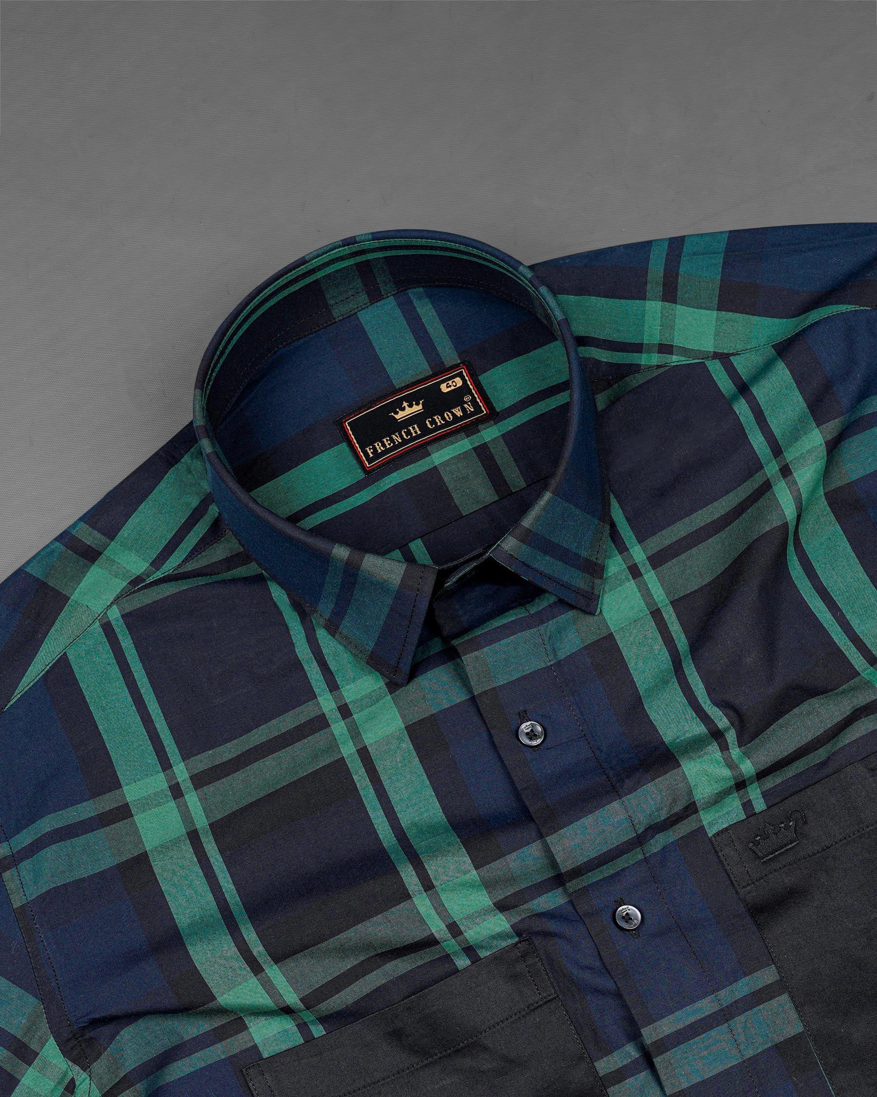 Gunmetal Blue with Viridian Green Plaid Premium Cotton Designer Shirt