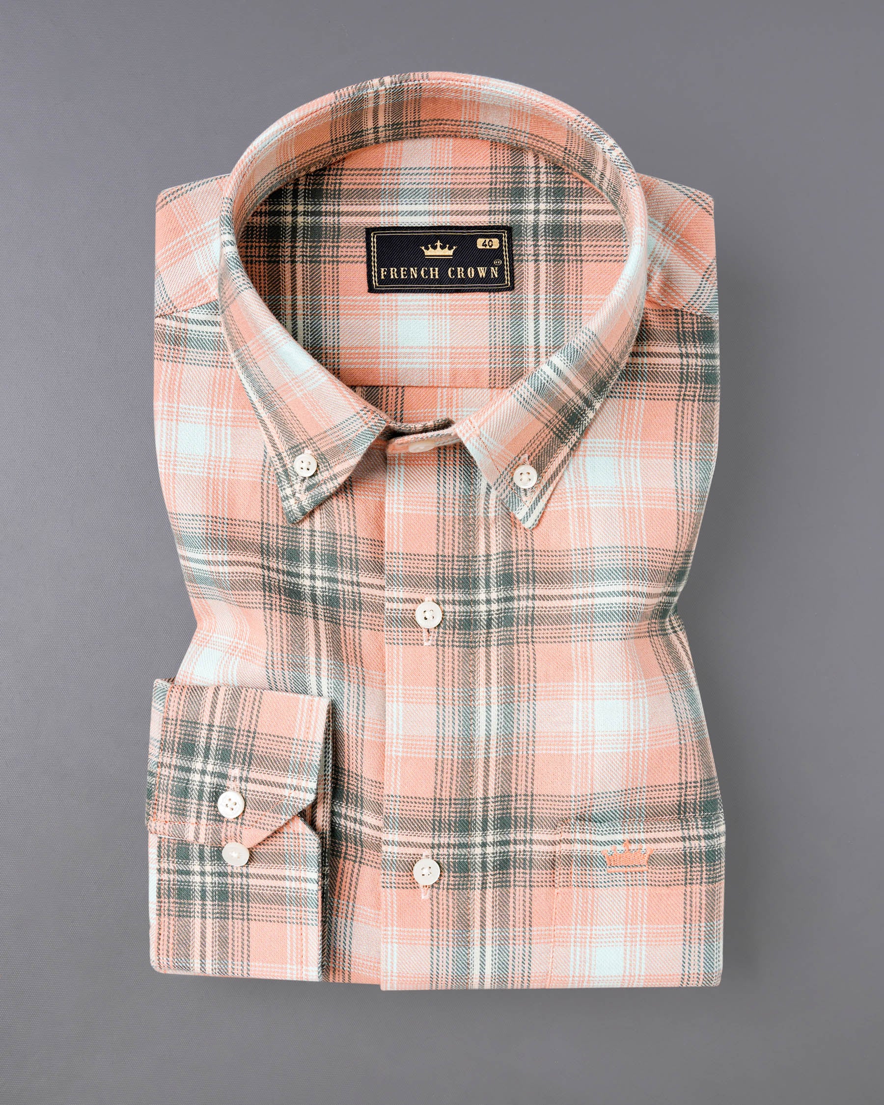 Melon Pink with Concord Light Green Twill Plaid Premium Cotton Shirt 7610-BD-38,7610-BD-38,7610-BD-39,7610-BD-39,7610-BD-40,7610-BD-40,7610-BD-42,7610-BD-42,7610-BD-44,7610-BD-44,7610-BD-46,7610-BD-46,7610-BD-48,7610-BD-48,7610-BD-50,7610-BD-50,7610-BD-52,7610-BD-52