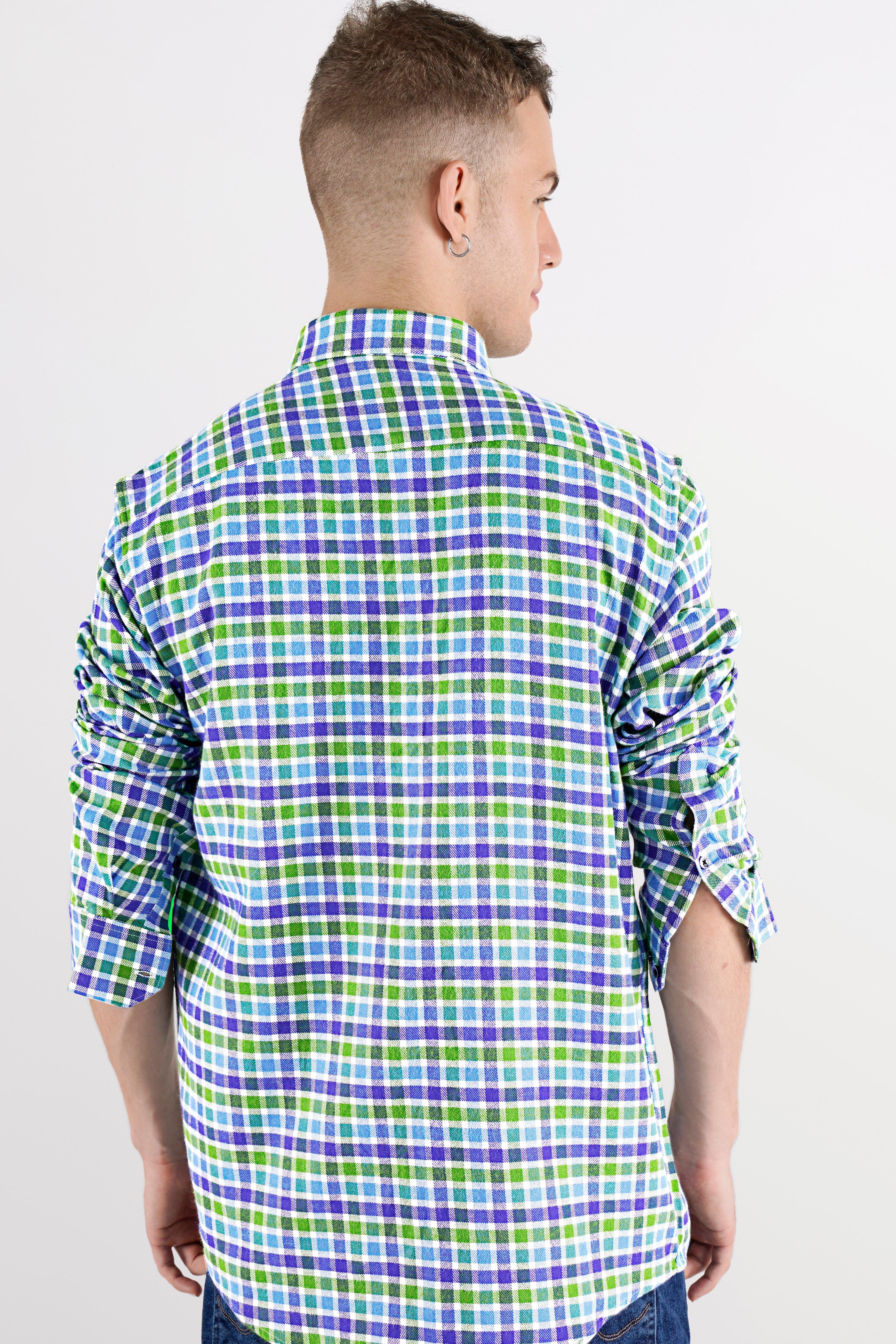 Camo Green with Gigas Blue Checkered Funky Printed Twill Premium Cotton Designer Shirt
