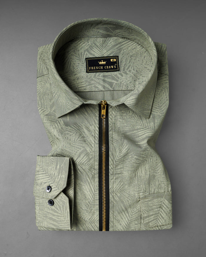 Cement Green Leaves Printed Royal Oxford Zipper Designer Overshirt/Shacket
