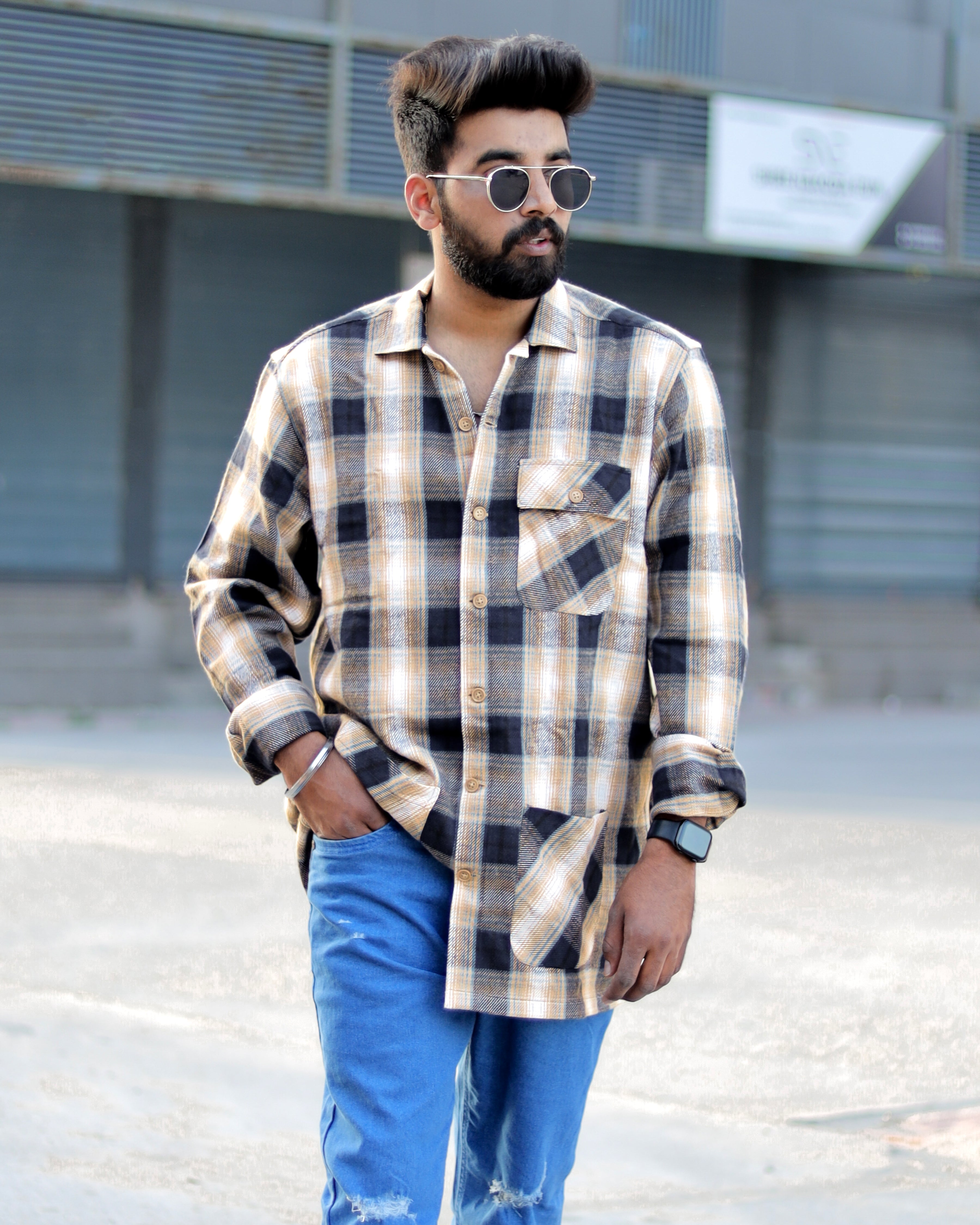 Ebony Clay Navy Blue and Sandrift Brown Plaid Flannel Designer Overshirt/Shacket