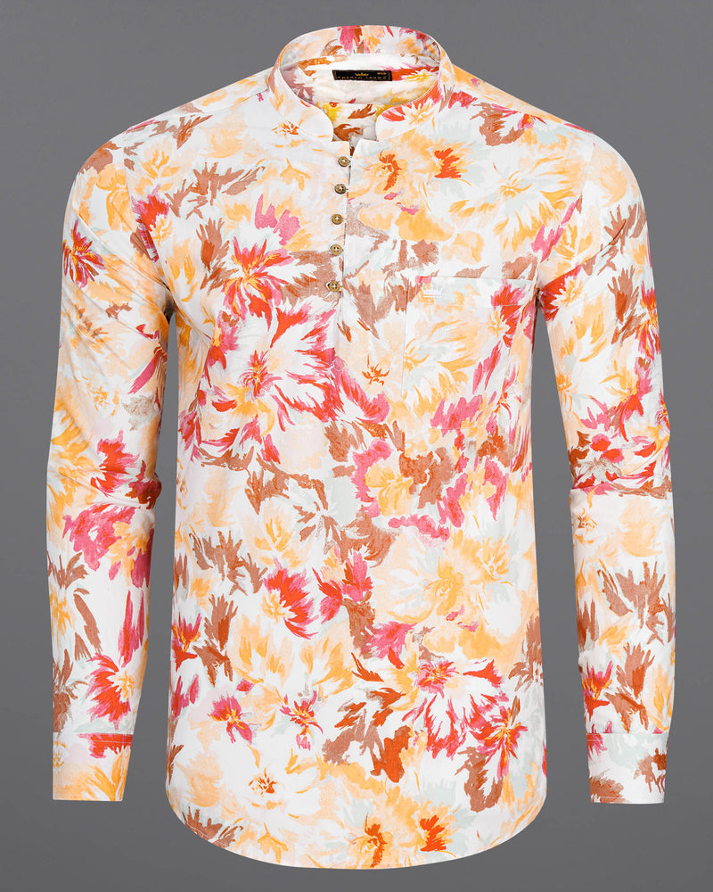 BRIGHT WHITE AND VALENCIA RED FLORAL PRINTED PREMIUM COTTON KURTA SHIRT
