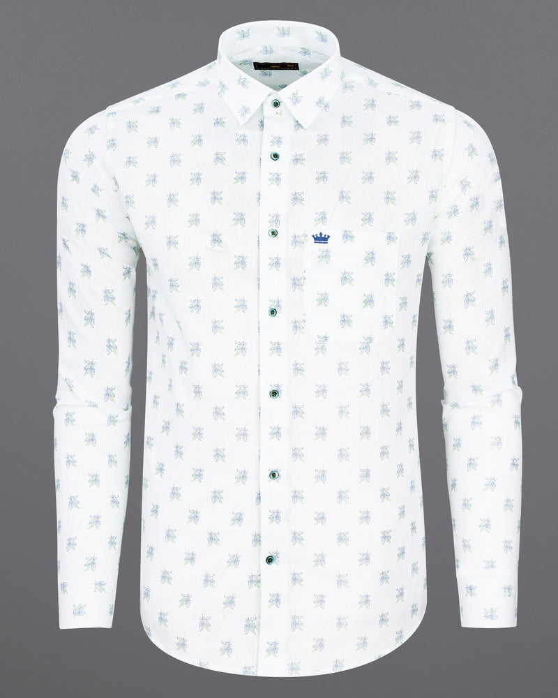 Bright White Floral Printed Luxurious Linen Shirt