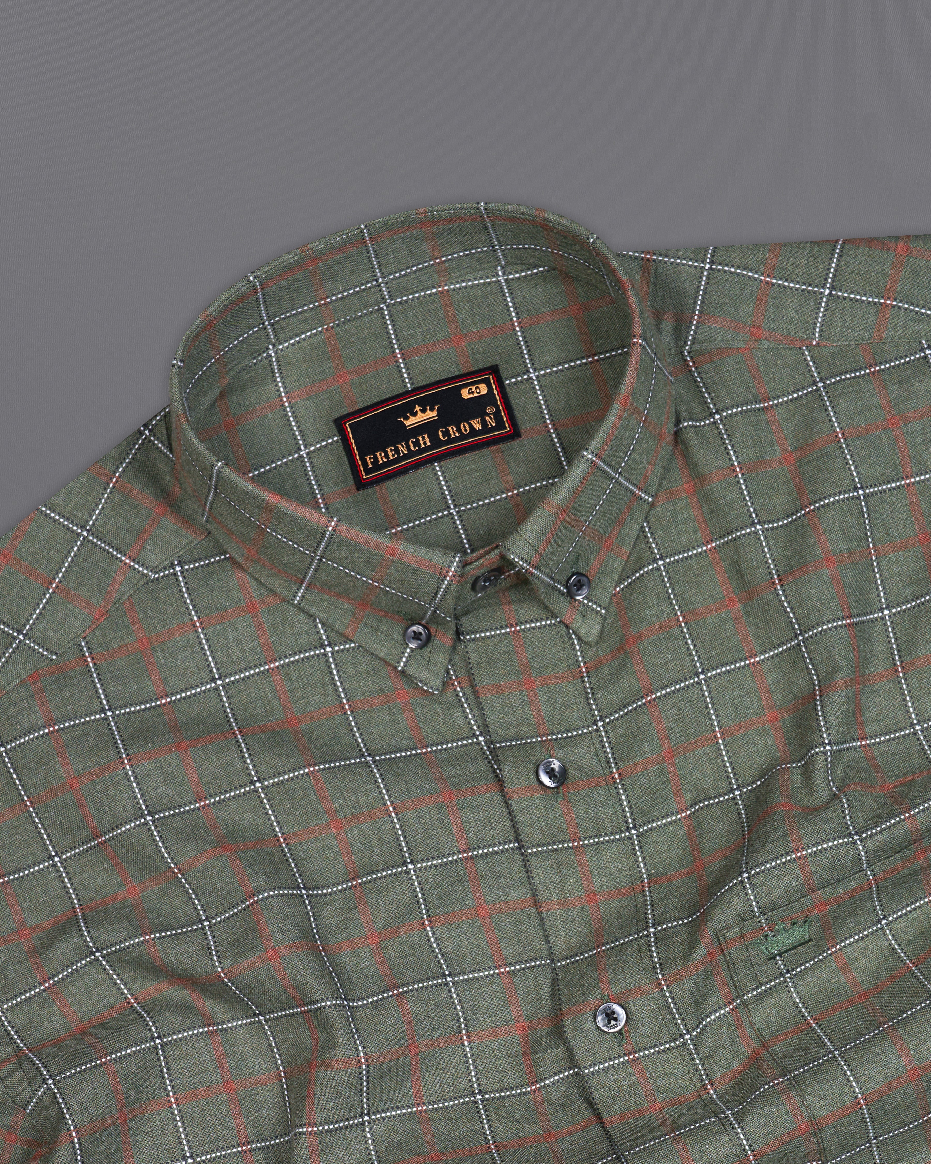 Asparagus Green with Chestnut Brown Checkered with Comical Dog Printed Super Soft Premium Cotton Designer Shirt