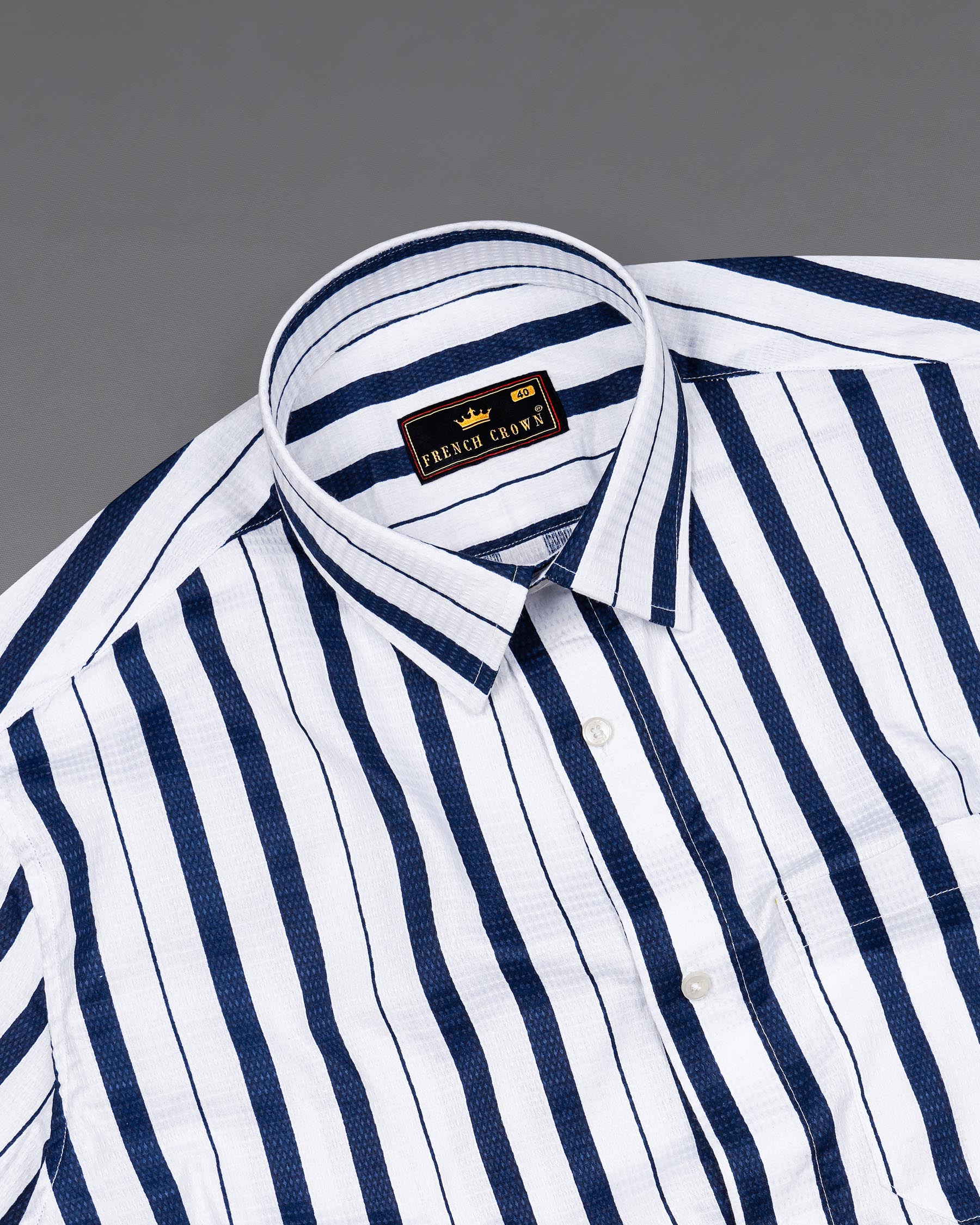 Bright White and Tangaroa Blue Striped Dobby Textured Premium Giza Cotton Shirt