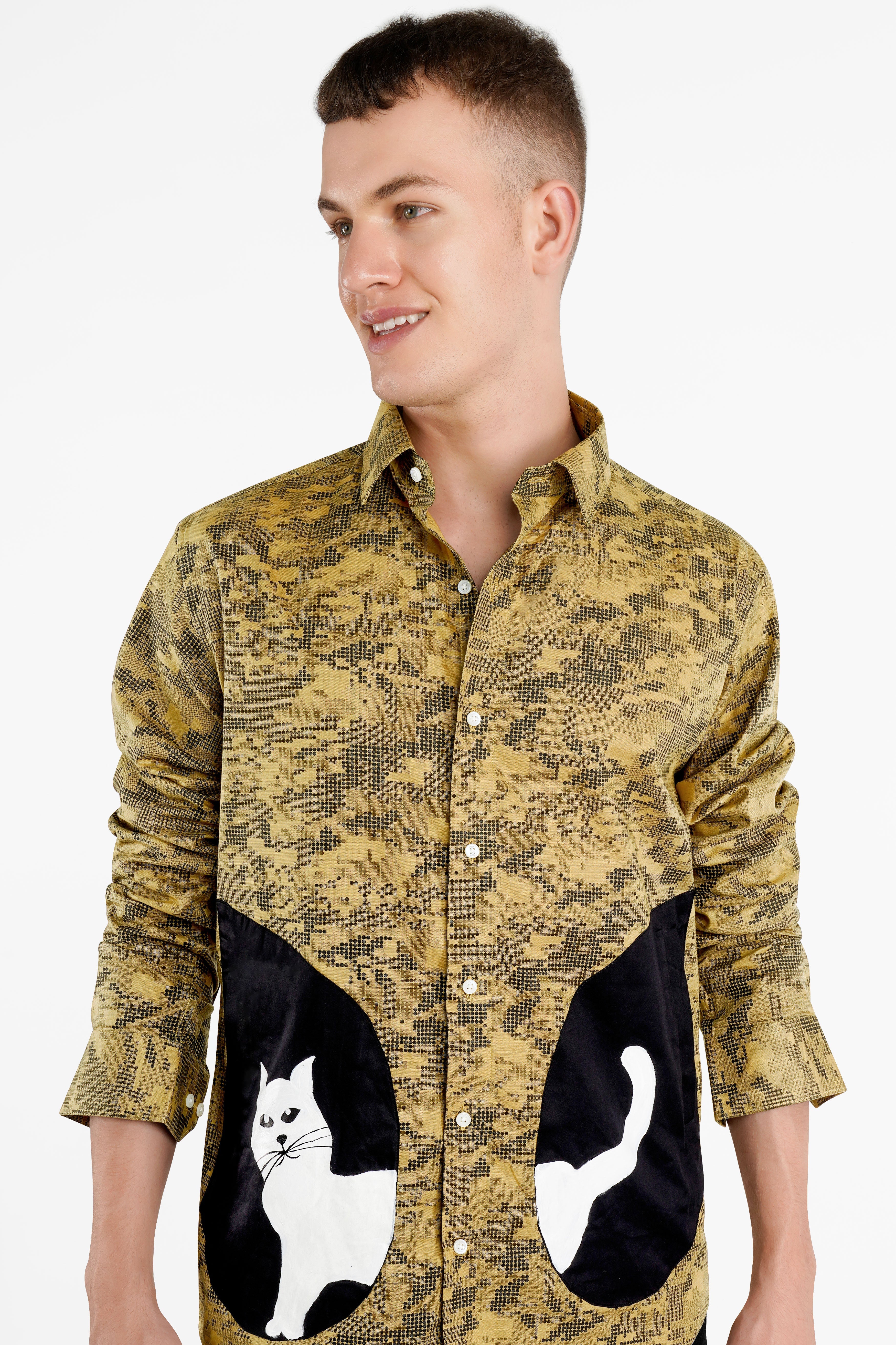Sundance Brown with Black Cat Hand Painted Luxurious Linen Designer Shirt