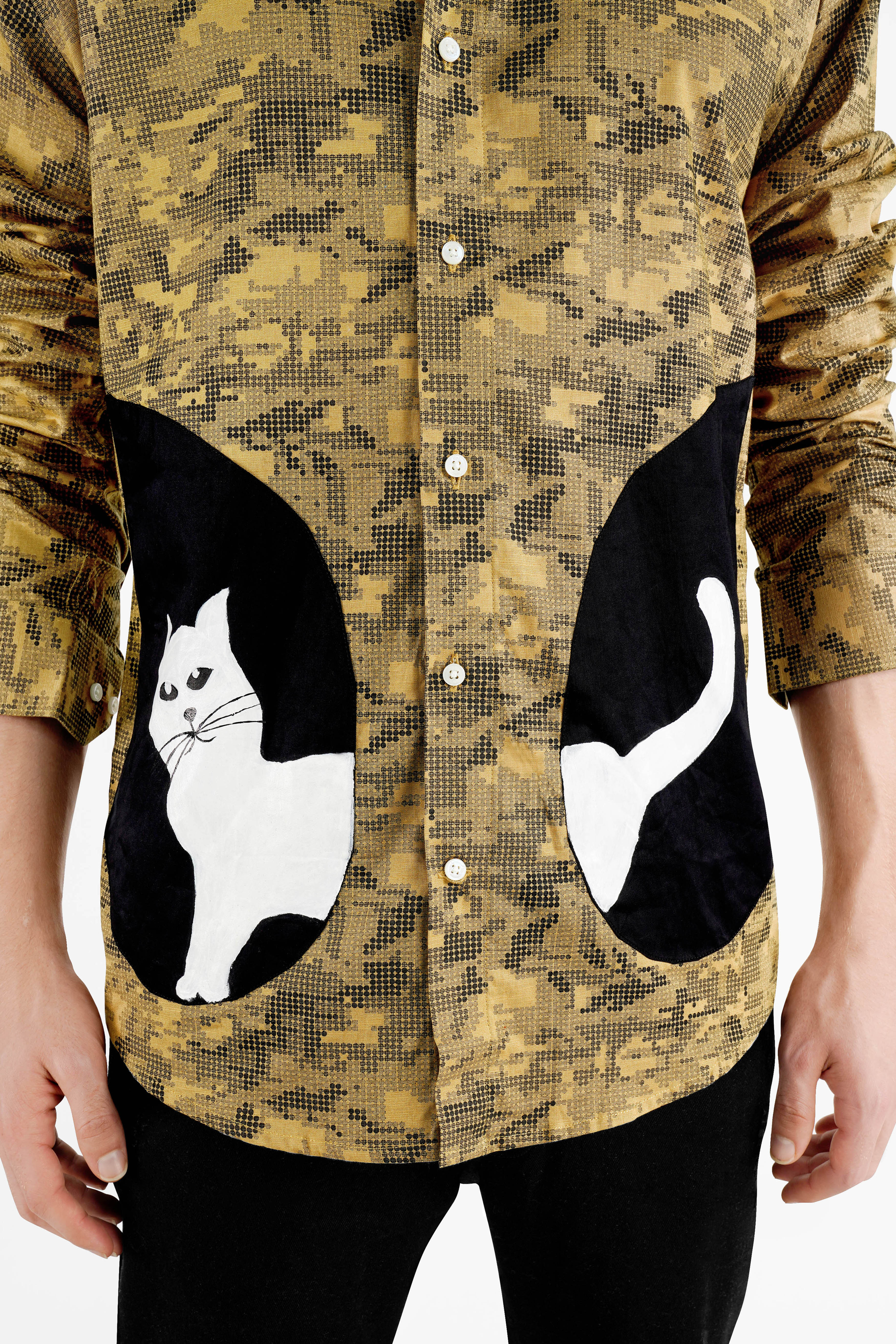 Sundance Brown with Black Cat Hand Painted Luxurious Linen Designer Shirt