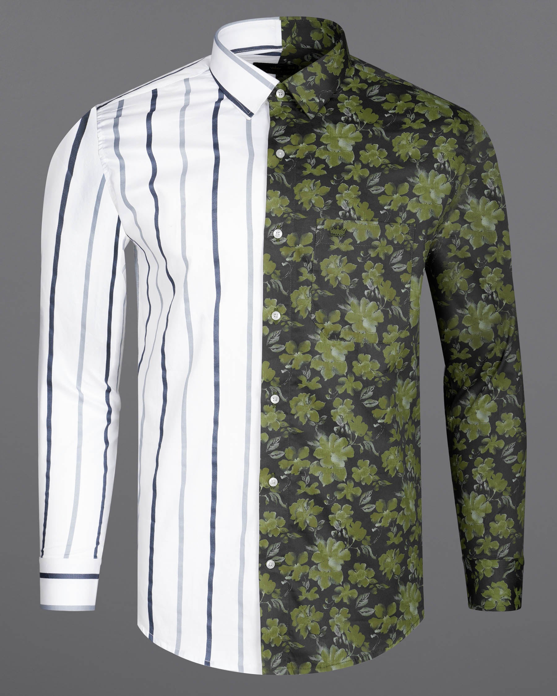 Half White-Striped With Half Clay Creek Green-Floral Printed Premium Cotton Designer Shirt 7949-P67-38,7949-P67-H-38,7949-P67-39,7949-P67-H-39,7949-P67-40,7949-P67-H-40,7949-P67-42,7949-P67-H-42,7949-P67-44,7949-P67-H-44,7949-P67-46,7949-P67-H-46,7949-P67-48,7949-P67-H-48,7949-P67-50,7949-P67-H-50,7949-P67-52,7949-P67-H-52