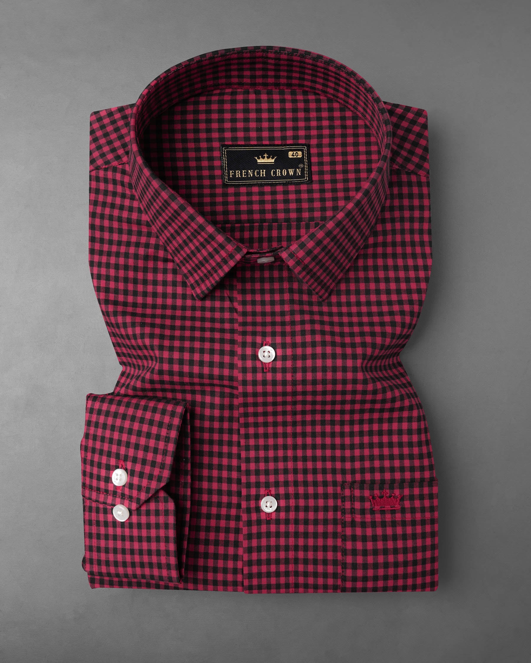 Cardinal Maroon with Black Gingham Checkered Twill Premium Cotton Shirt 7957-38,7957-H-38,7957-39,7957-H-39,7957-40,7957-H-40,7957-42,7957-H-42,7957-44,7957-H-44,7957-46,7957-H-46,7957-48,7957-H-48,7957-50,7957-H-50,7957-52,7957-H-52