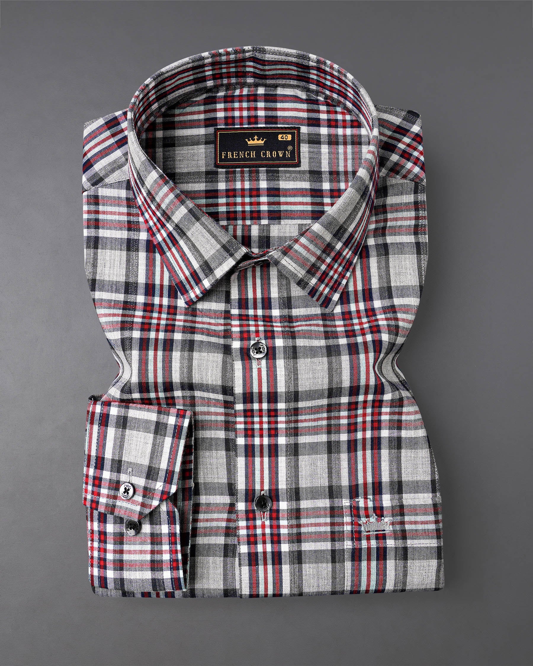 Pale Slate Gray with Tabasco Red Plaid Chambray Premium Cotton Shirt 7988-BLK-38,7988-BLK-H-38,7988-BLK-39,7988-BLK-H-39,7988-BLK-40,7988-BLK-H-40,7988-BLK-42,7988-BLK-H-42,7988-BLK-44,7988-BLK-H-44,7988-BLK-46,7988-BLK-H-46,7988-BLK-48,7988-BLK-H-48,7988-BLK-50,7988-BLK-H-50,7988-BLK-52,7988-BLK-H-52