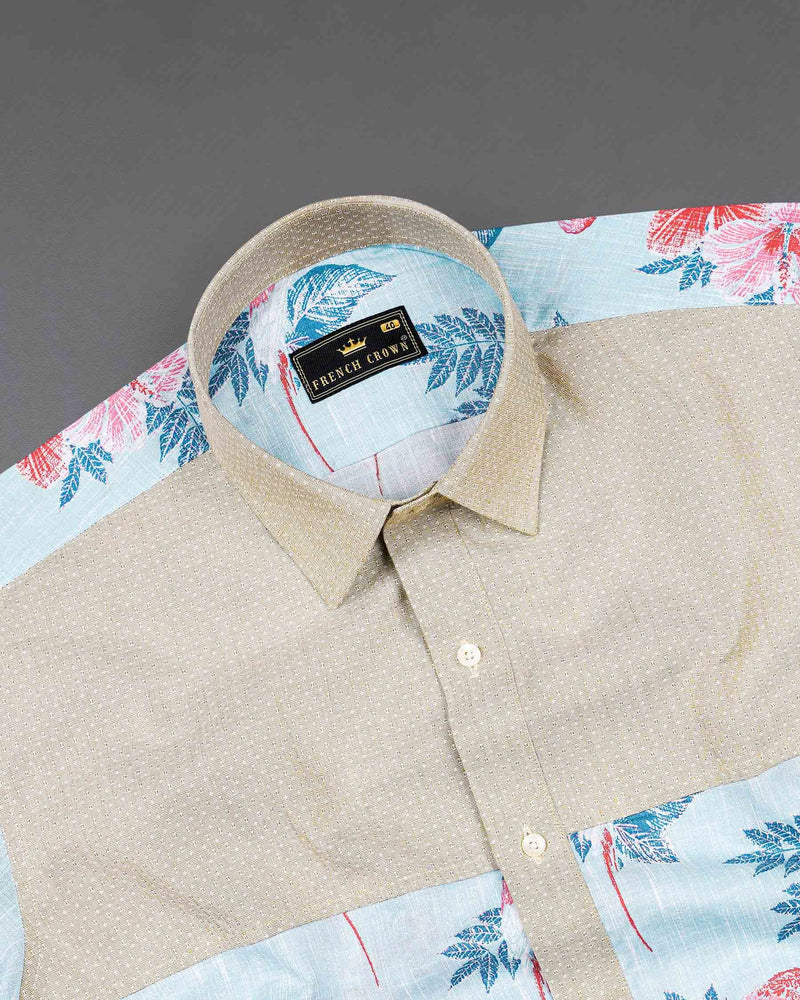 Mercury Blue Floral Printed and Cold Turkey Brown Chambray Premium Cotton Designer Shirt