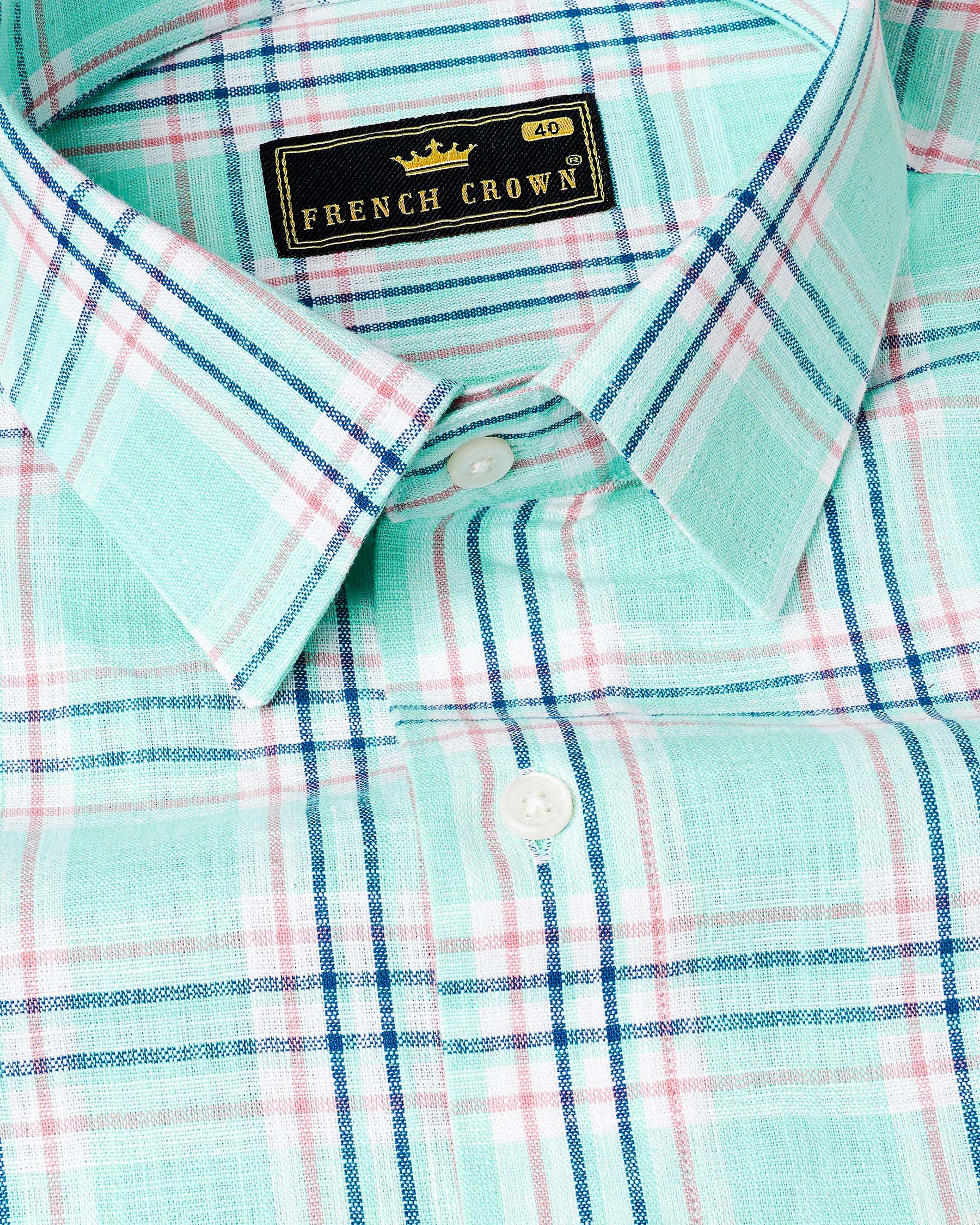 Cruise Aqua Sea Green With Astronaut Blue Plaid Luxurious Linen Shirt8019-38,8019-H-38,8019-39,8019-H-39,8019-40,8019-H-40,8019-42,8019-H-42,8019-44,8019-H-44,8019-46,8019-H-46,8019-48,8019-H-48,8019-50,8019-H-50,8019-52,8019-H-52