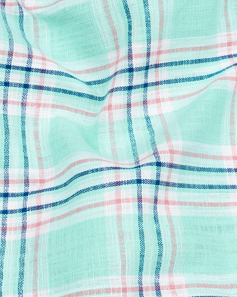 Cruise Aqua Sea Green With Astronaut Blue Plaid Luxurious Linen Shirt8019-38,8019-H-38,8019-39,8019-H-39,8019-40,8019-H-40,8019-42,8019-H-42,8019-44,8019-H-44,8019-46,8019-H-46,8019-48,8019-H-48,8019-50,8019-H-50,8019-52,8019-H-52