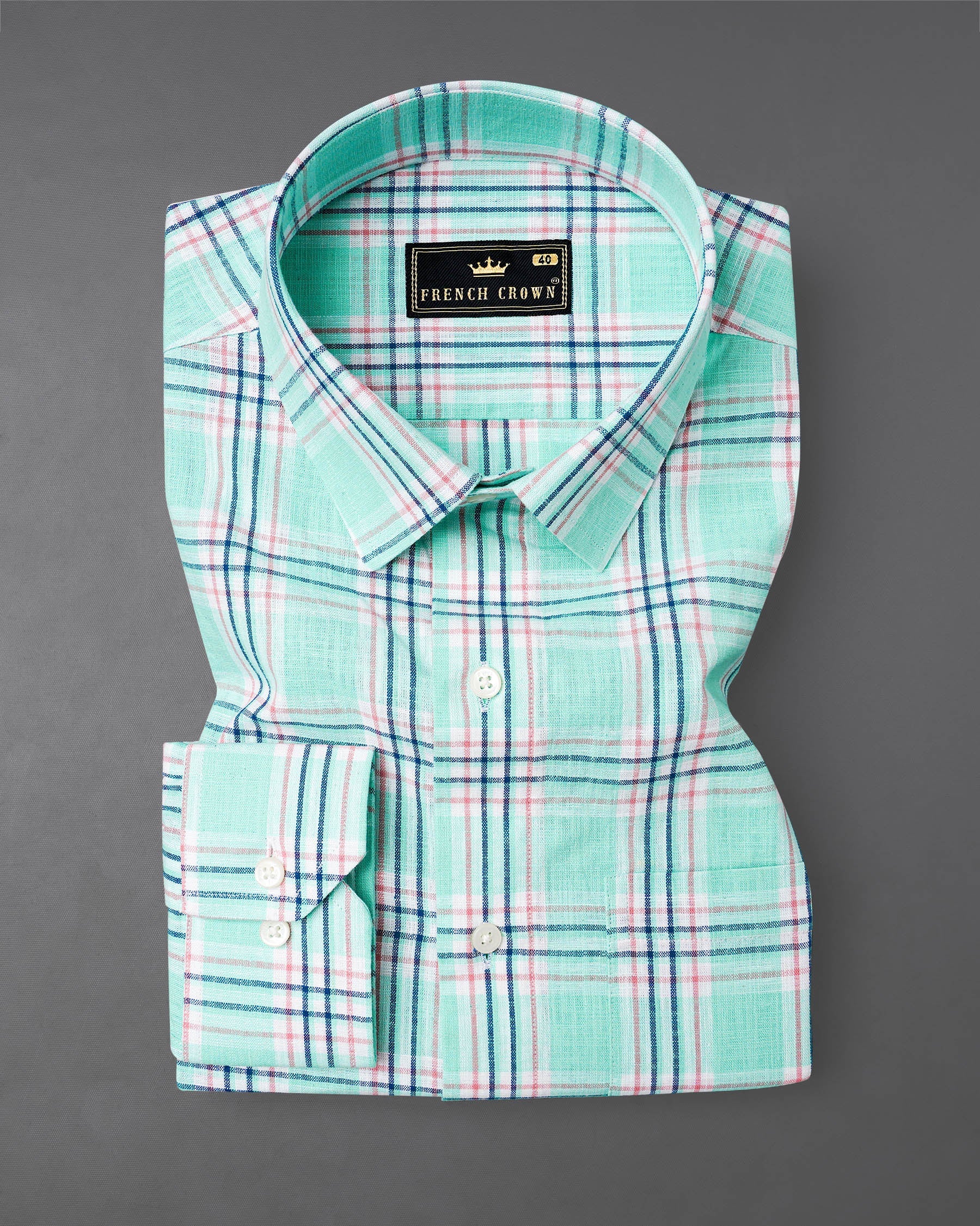 Cruise Aqua Sea Green With Astronaut Blue Plaid Luxurious Linen Shirt8019-38,8019-H-38,8019-39,8019-H-39,8019-40,8019-H-40,8019-42,8019-H-42,8019-44,8019-H-44,8019-46,8019-H-46,8019-48,8019-H-48,8019-50,8019-H-50,8019-52,8019-H-52