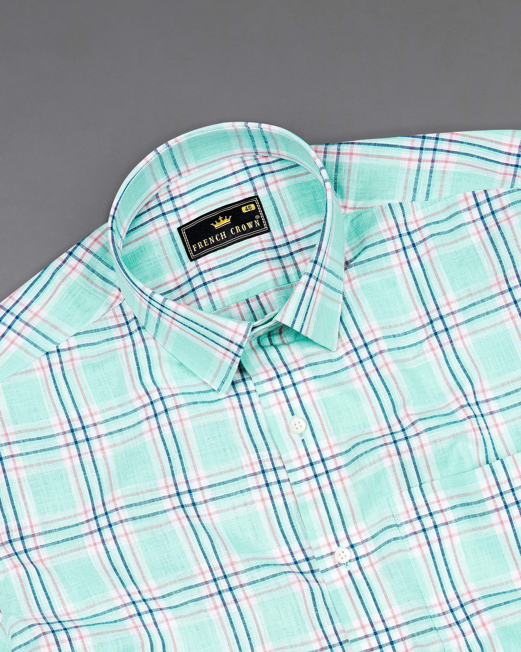 Cruise Aqua Sea Green With Astronaut Blue Plaid Luxurious Linen Shirt8019-38,8019-H-38,8019-39,8019-H-39,8019-40,8019-H-40,8019-42,8019-H-42,8019-44,8019-H-44,8019-46,8019-H-46,8019-48,8019-H-48,8019-50,8019-H-50,8019-52,8019-H-52