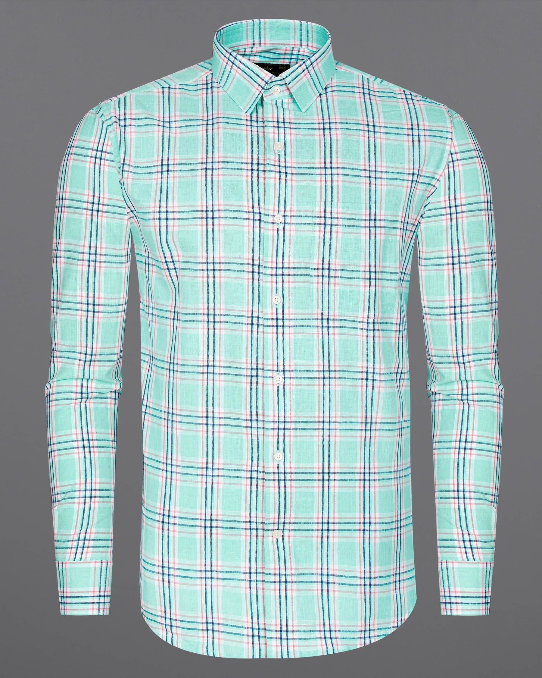 Cruise Aqua Sea Green With Astronaut Blue Plaid Luxurious Linen Shirt8019-38,8019-H-38,8019-39,8019-H-39,8019-40,8019-H-40,8019-42,8019-H-42,8019-44,8019-H-44,8019-46,8019-H-46,8019-48,8019-H-48,8019-50,8019-H-50,8019-52,8019-H-52