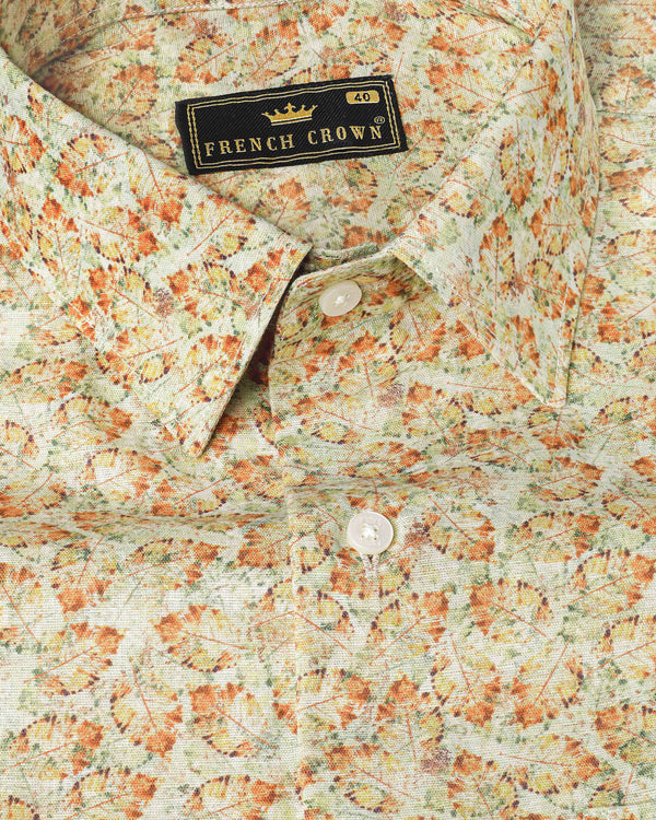 Periglacial Cream with Tuscany Brown and Coriander Green Printed Luxurious Linen Shirt 8031-38,8031-H-38,8031-39,8031-H-39,8031-40,8031-H-40,8031-42,8031-H-42,8031-44,8031-H-44,8031-46,8031-H-46,8031-48,8031-H-48,8031-50,8031-H-50,8031-52,8031-H-52
