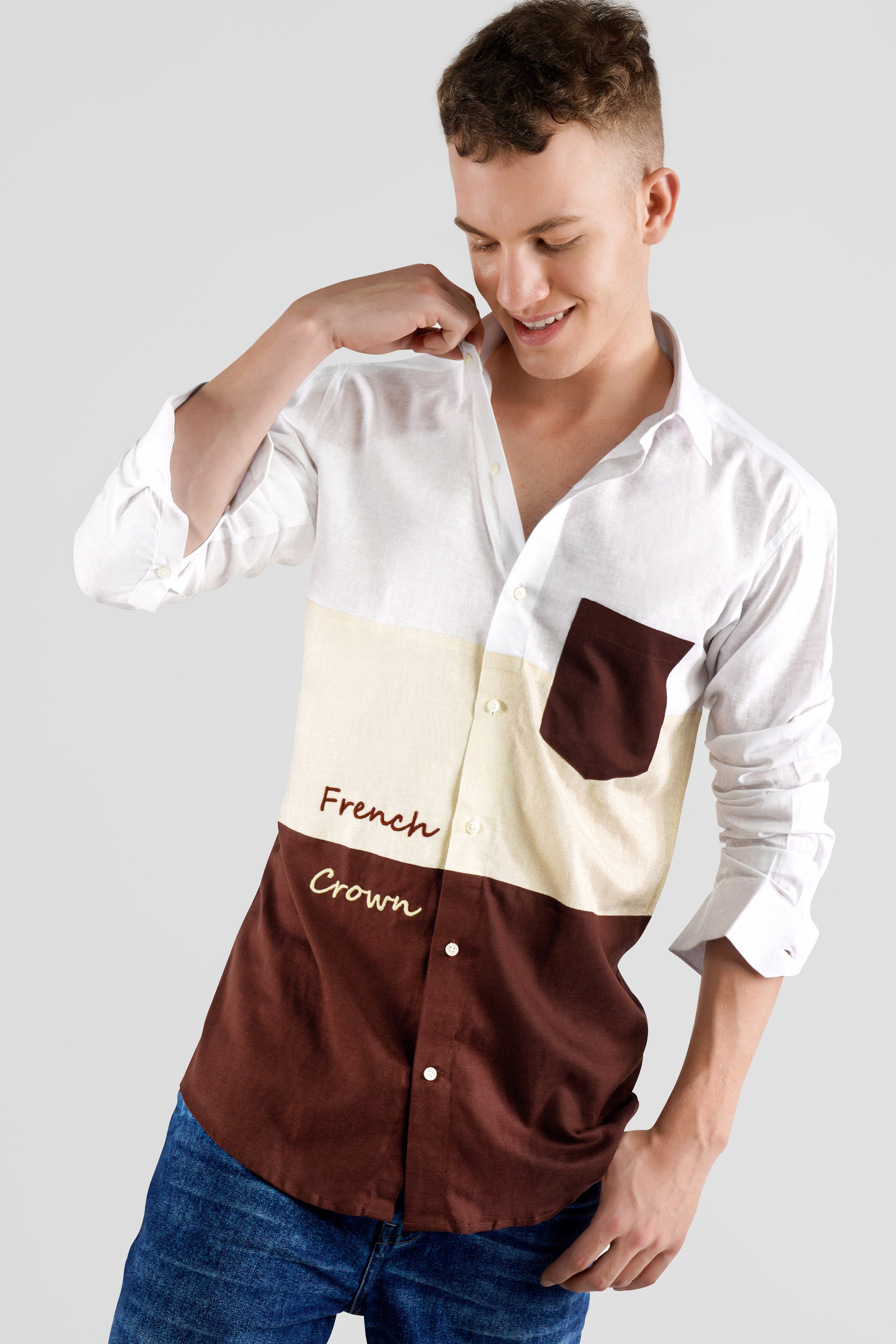 Bright White with Periglacial Beige and Bistre Brown French Crown Embroidered Luxurious Linen Designer Shirt