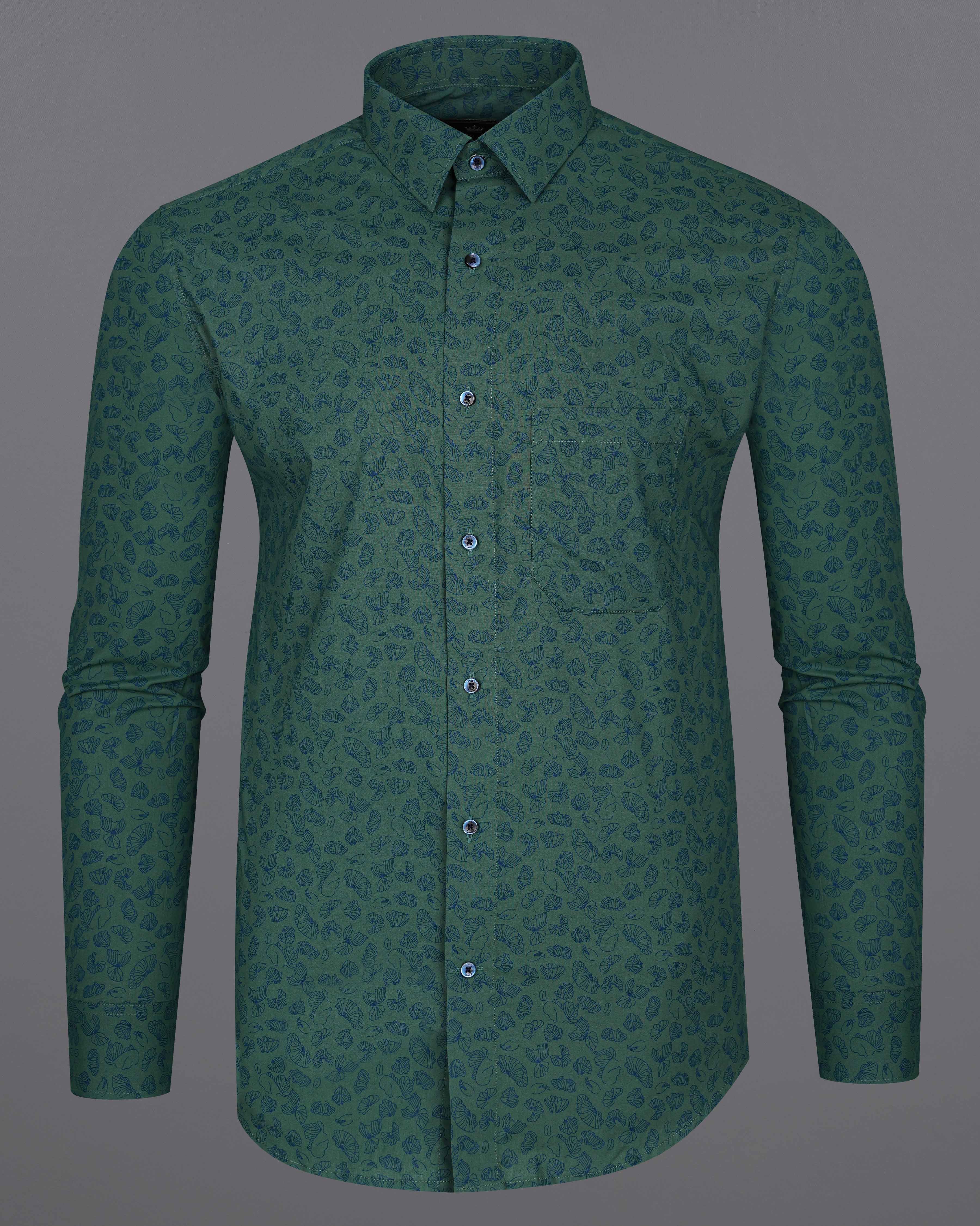 Limed Spruce Sea Green With Floral Printed Premium Cotton Shirt