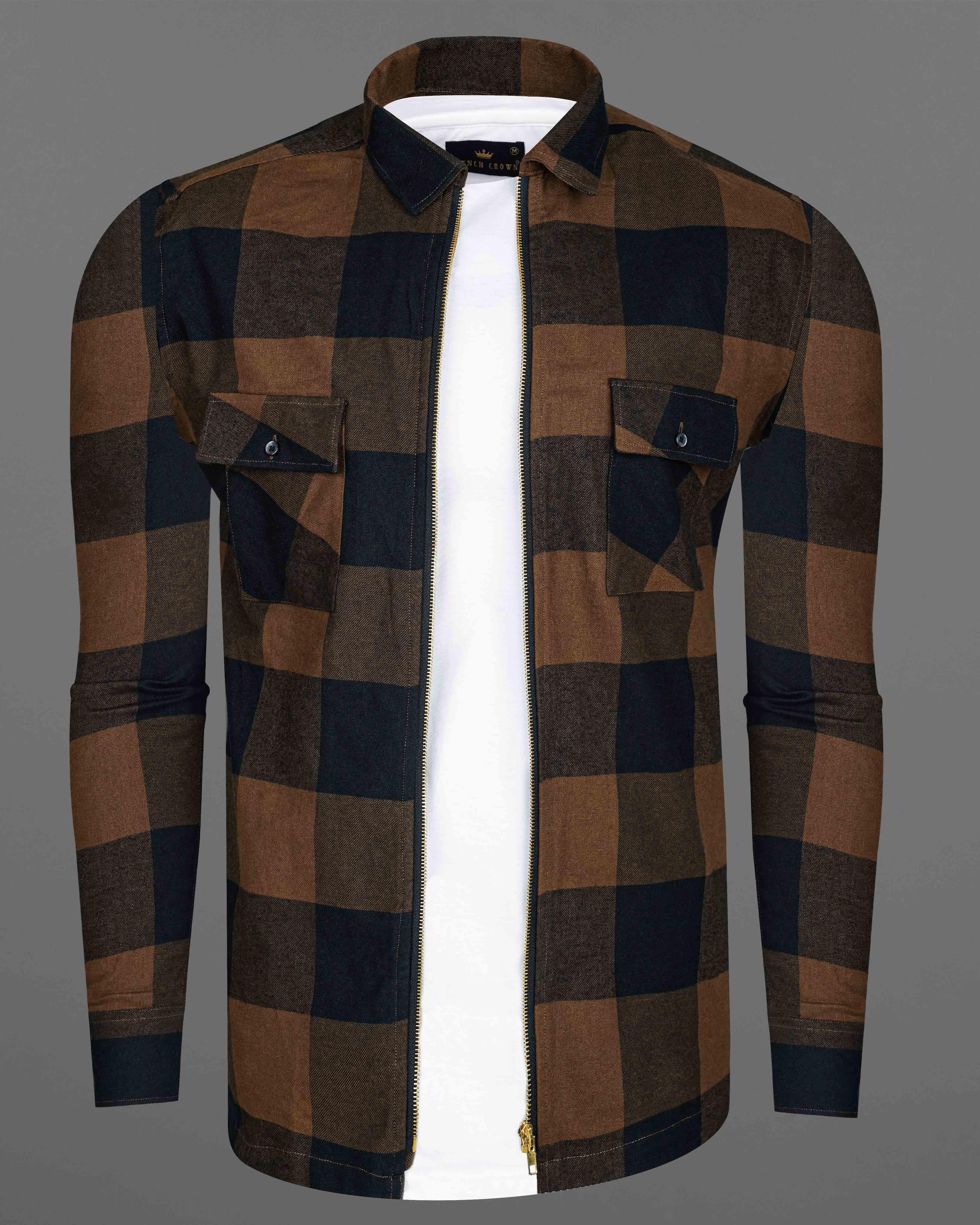 Bracken Brown and Black Checked Zipper Closure Flannel Designer Overshirt 8094-P181-38, 8094-P181-H-38, 8094-P181-39, 8094-P181-H-39, 8094-P181-40, 8094-P181-H-40, 8094-P181-42, 8094-P181-H-42, 8094-P181-44, 8094-P181-H-44, 8094-P181-46, 8094-P181-H-46, 8094-P181-48, 8094-P181-H-48, 8094-P181-50, 8094-P181-H-50, 8094-P181-52, 8094-P181-H-52