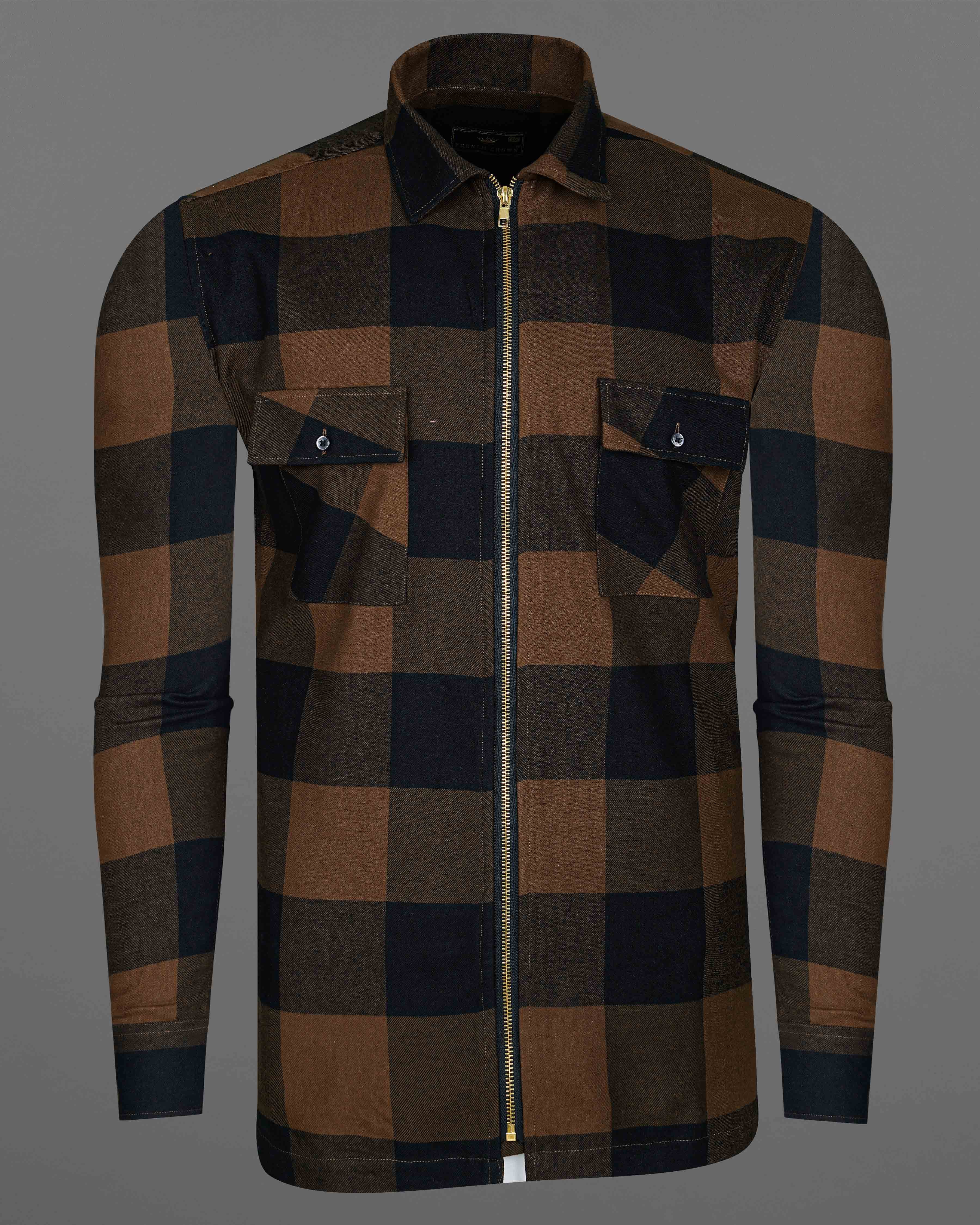 Bracken Brown and Black Checked Zipper Closure Flannel Designer Overshirt/Shacket