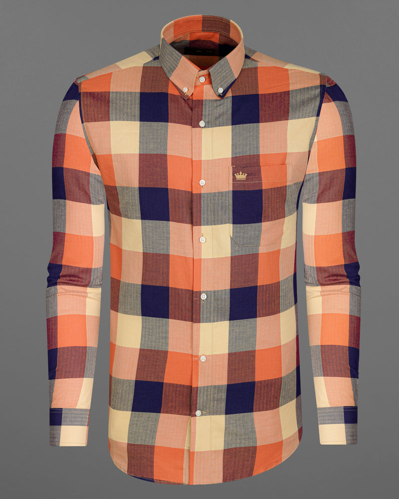 BURNT SIENNA ORANGE WITH HAITI NAVY BLUE MULTICOLOURED CHECKED HERRINGBONE SHIRT