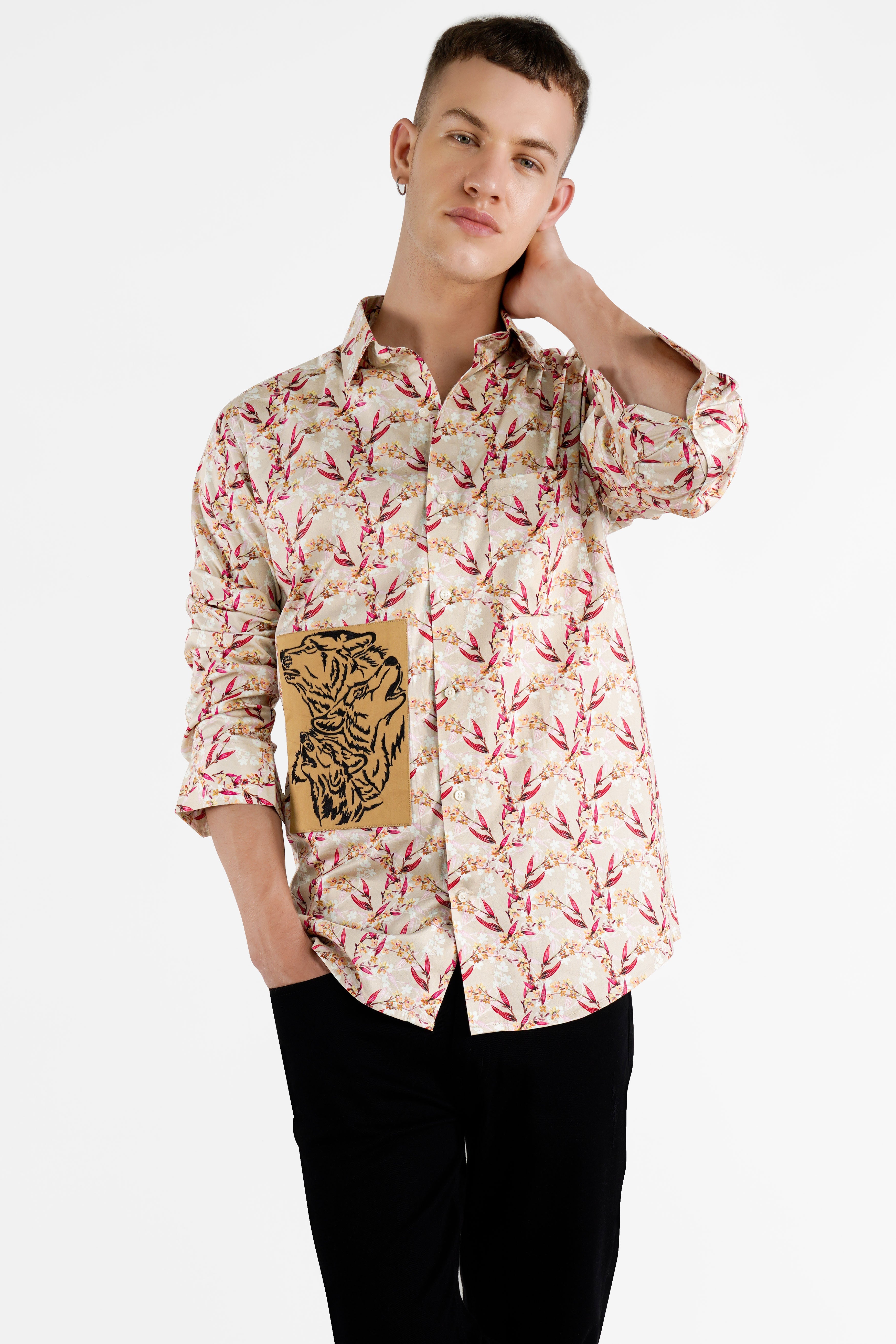 Bone Beige Leaves Printed with Dogs Embroidered Patch Work Super Soft Premium Cotton Designer Shirt