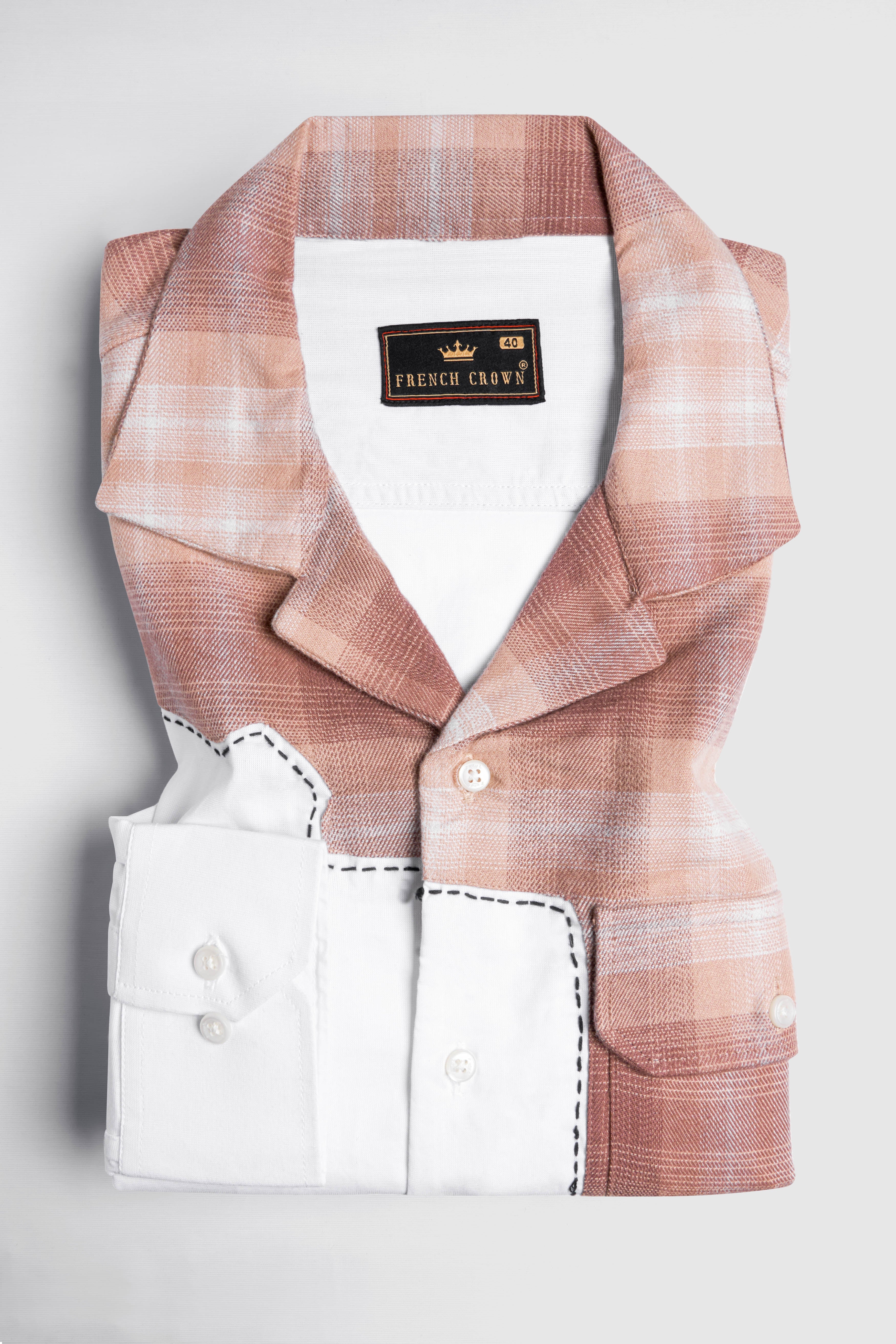 Bright White with Bizarre Brown Checkered with Hand Stitched Chambray Designer Shirt
