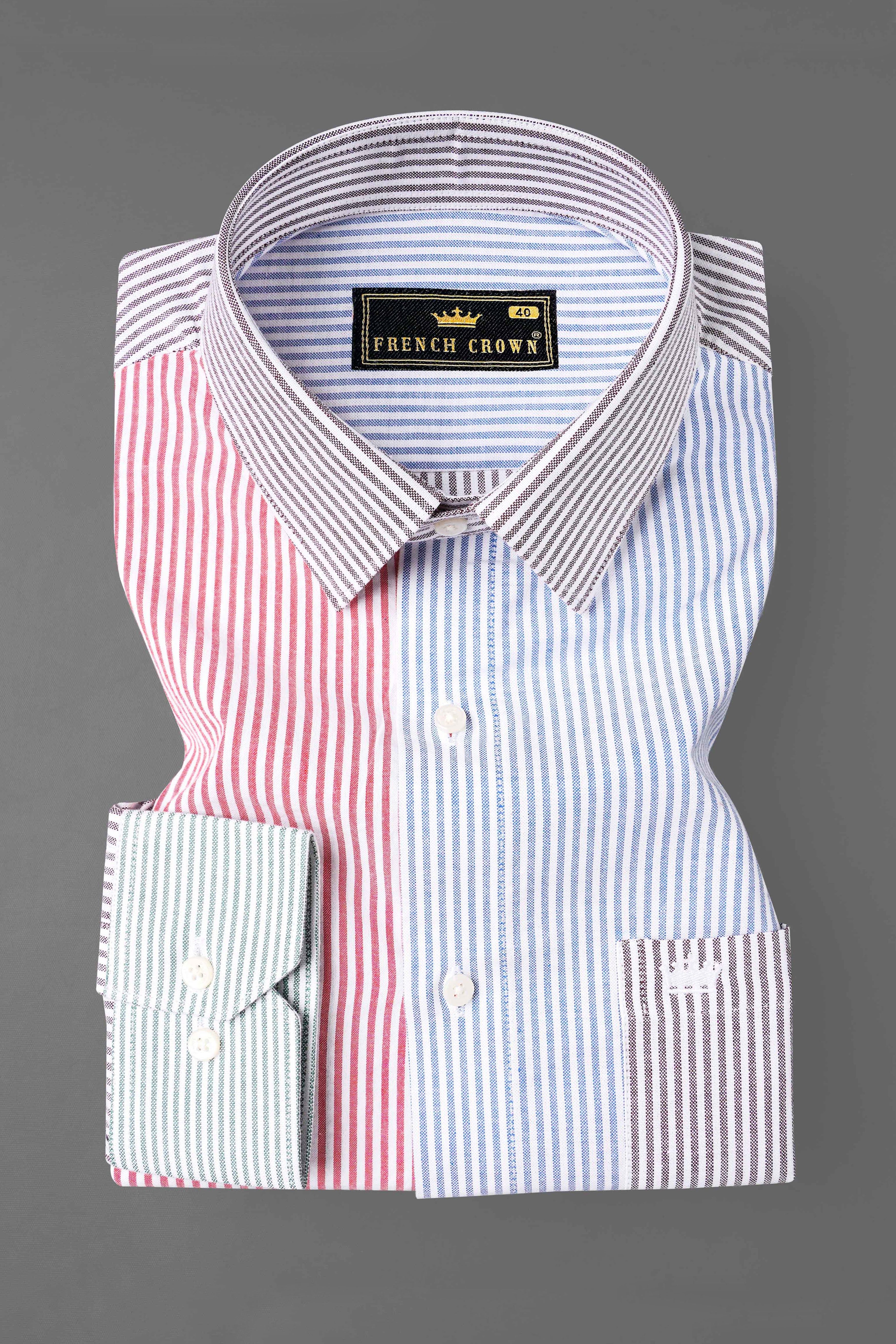 Blush Pink with Cerulean Blue Striped with Embroidered Patchwork Premium Cotton Designer Shirt