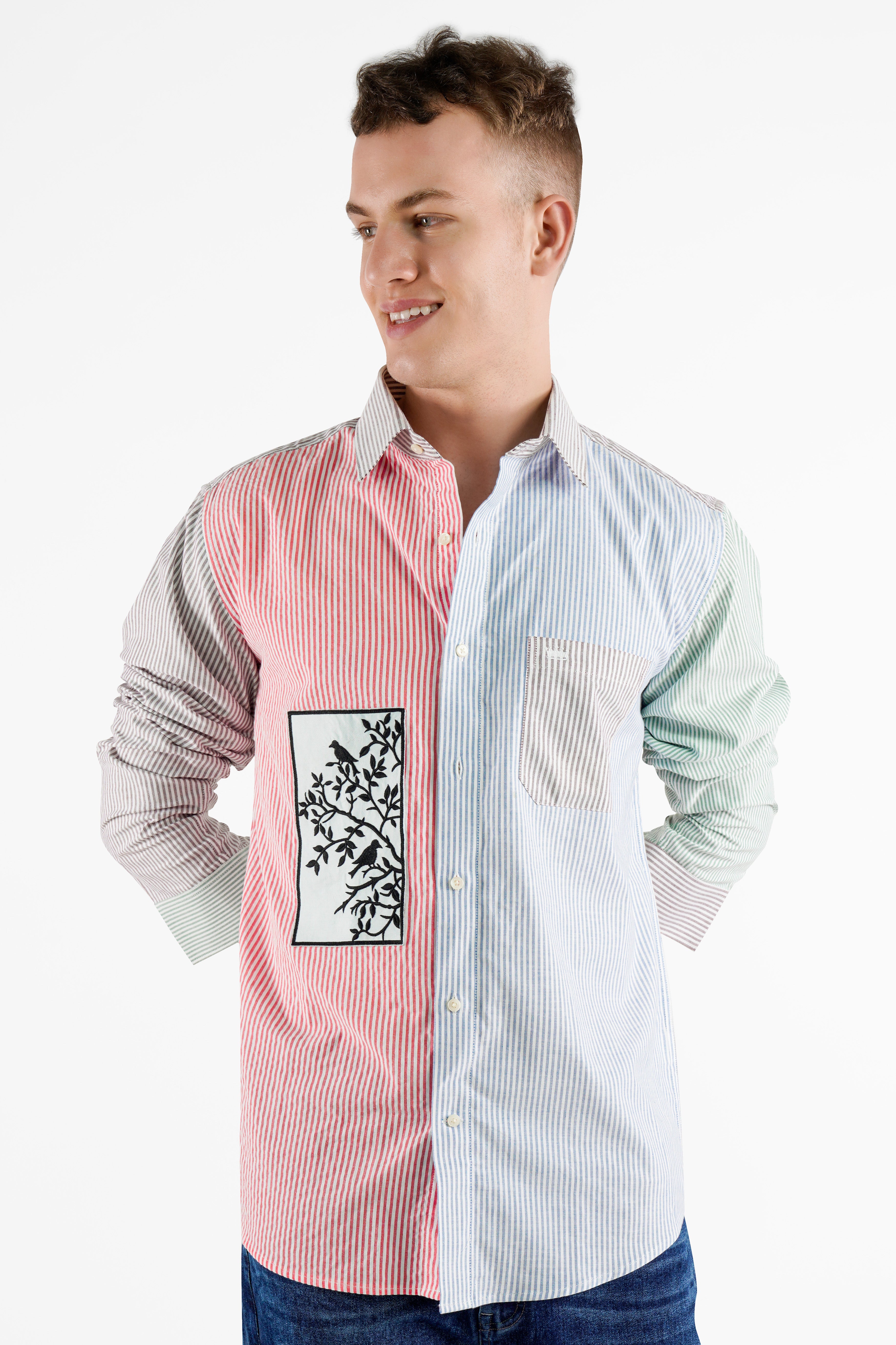 Blush Pink with Cerulean Blue Striped with Embroidered Patchwork Premium Cotton Designer Shirt
