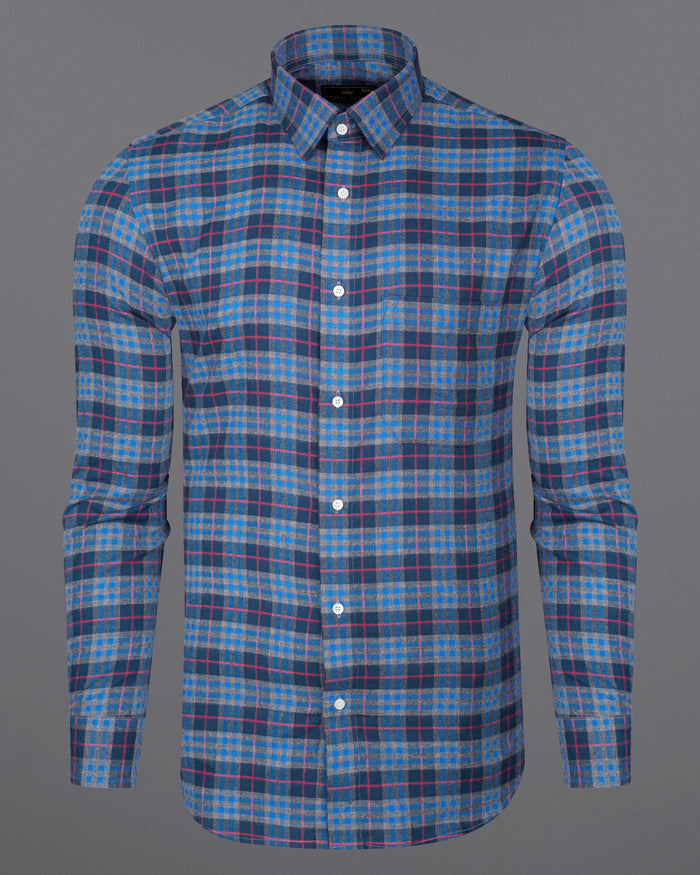 AZURE BLUE AND REGAL BLUE PLAID TWILL TEXTURED PREMIUM COTTON SHIRT