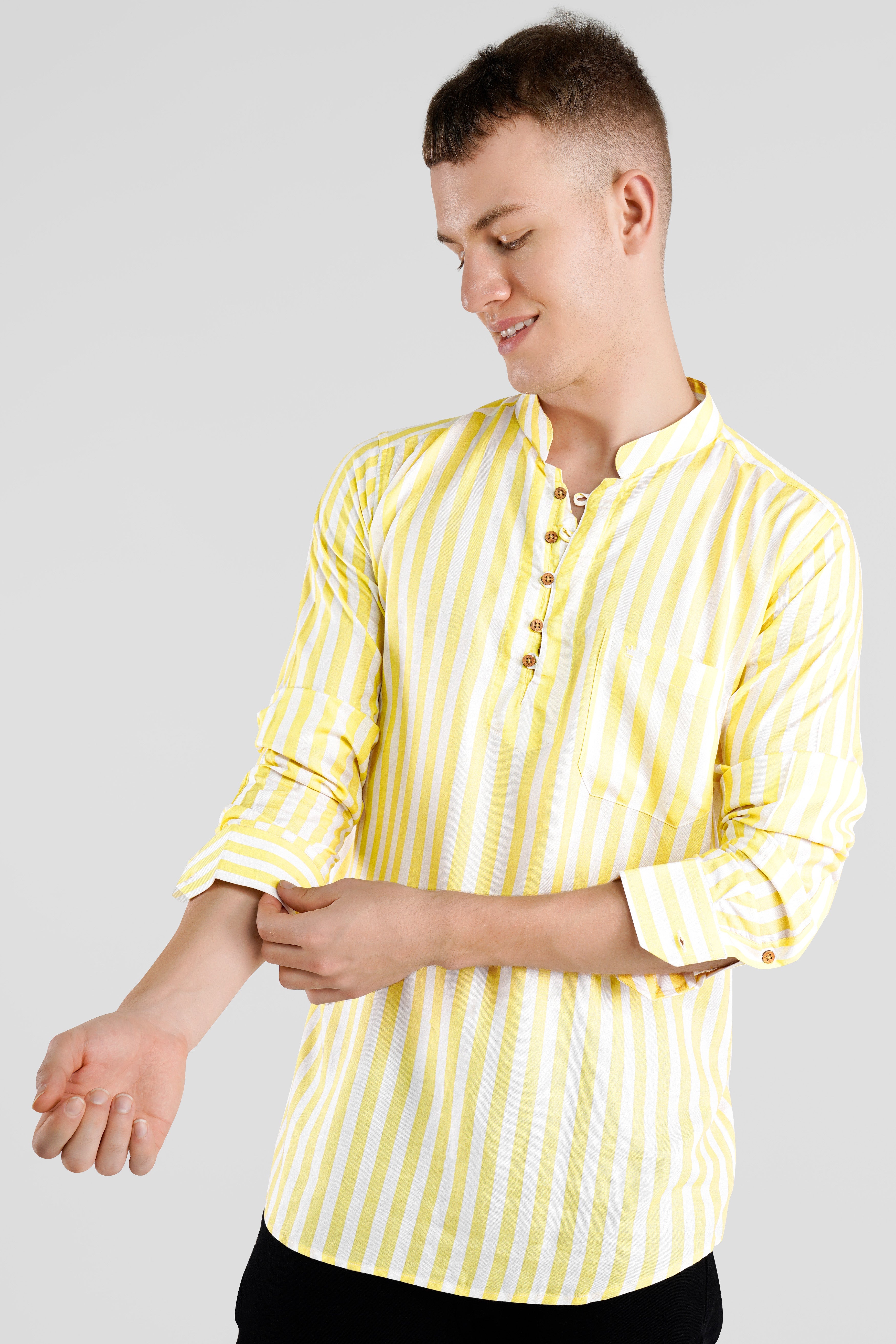 Bright White with Flax Yellow Striped Hand Painted Premium Tencel Designer Kurta Shirt