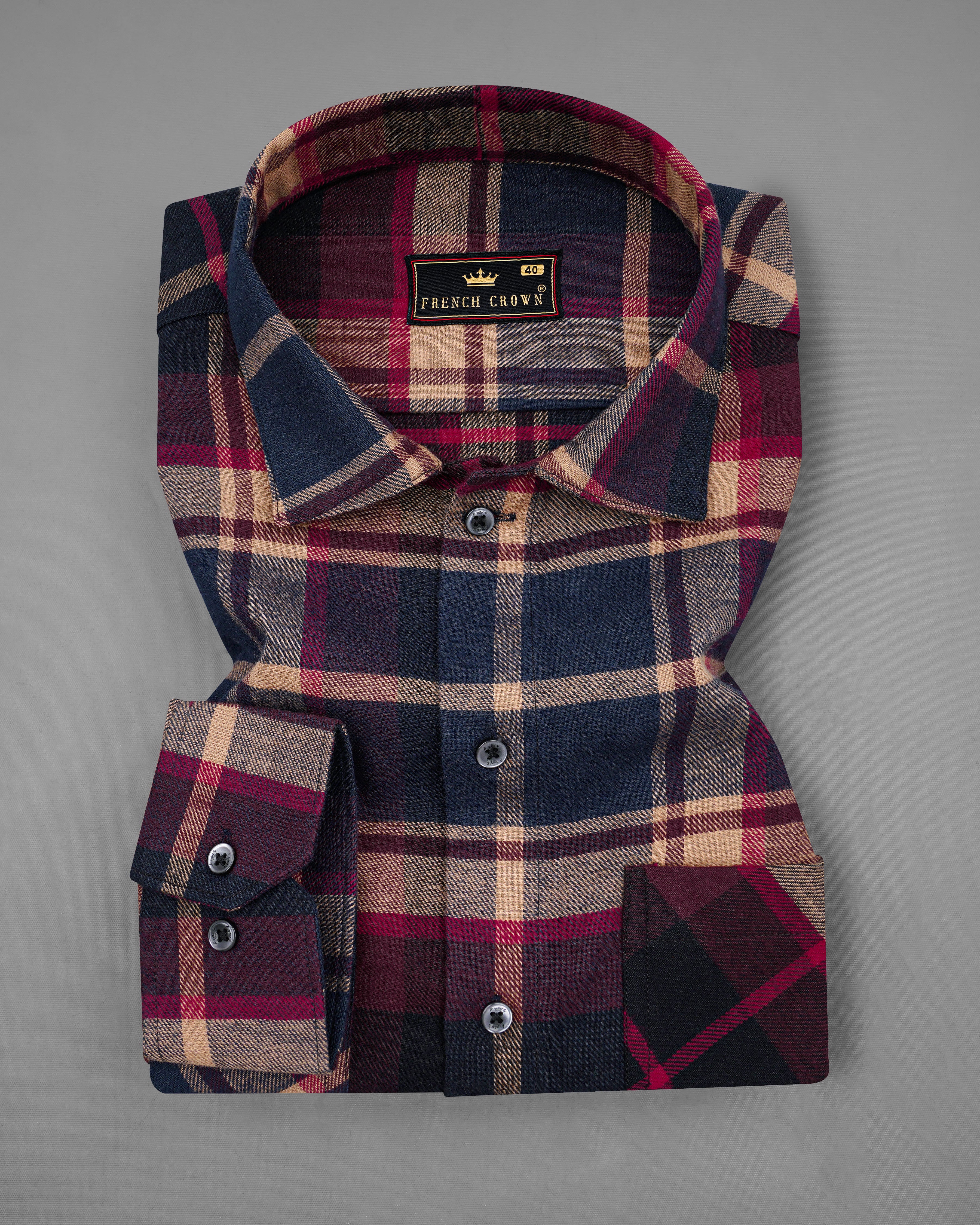 Tyrian Maroon with Sepia Brown Plaid Flannel Designer Overshirt/Shacket