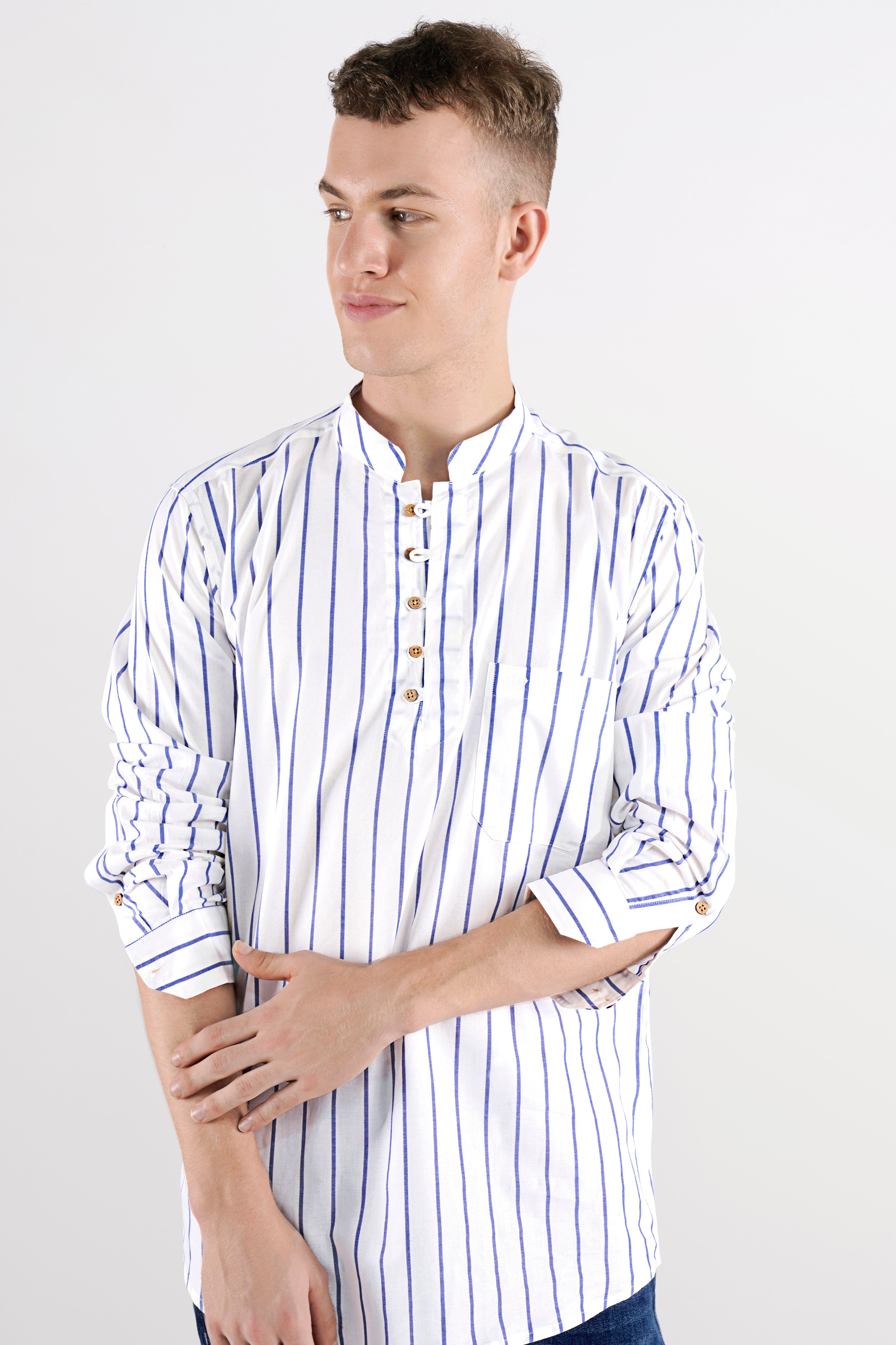 Bright White and Waikawa Blue Striped with Funky Printed Premium Cotton Designer Kurta Shirt