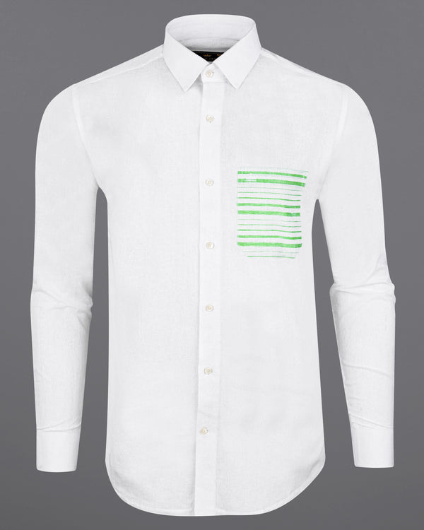 Bright White with Green Patch Pocket Luxurious Linen Designer Shirt 8422-38, 8422-H-38, 8422-39,8422-H-39, 8422-40, 8422-H-40, 8422-42, 8422-H-42, 8422-44, 8422-H-44, 8422-46, 8422-H-46, 8422-48, 8422-H-48, 8422-50, 8422-H-50, 8422-52, 8422-H-52