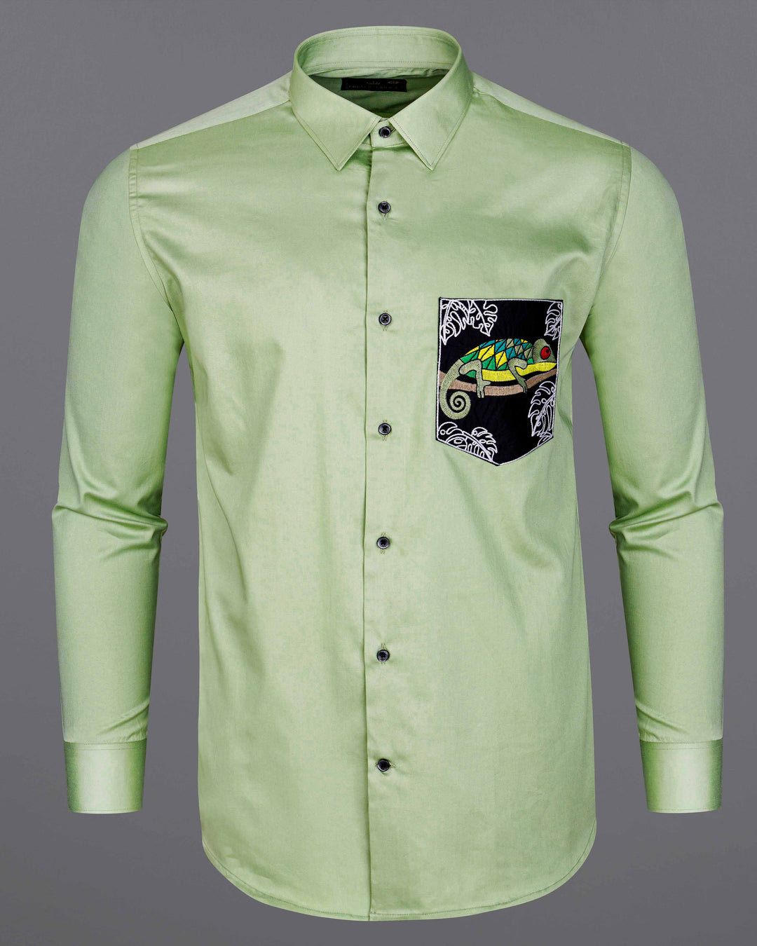 TIMBERWOLF GREEN WITH BLACK PATCH SUBTLE SHEEN POCKET CHAMELEON EMBROIDERED SUPER SOFT PREMIUM COTTON SHIRT