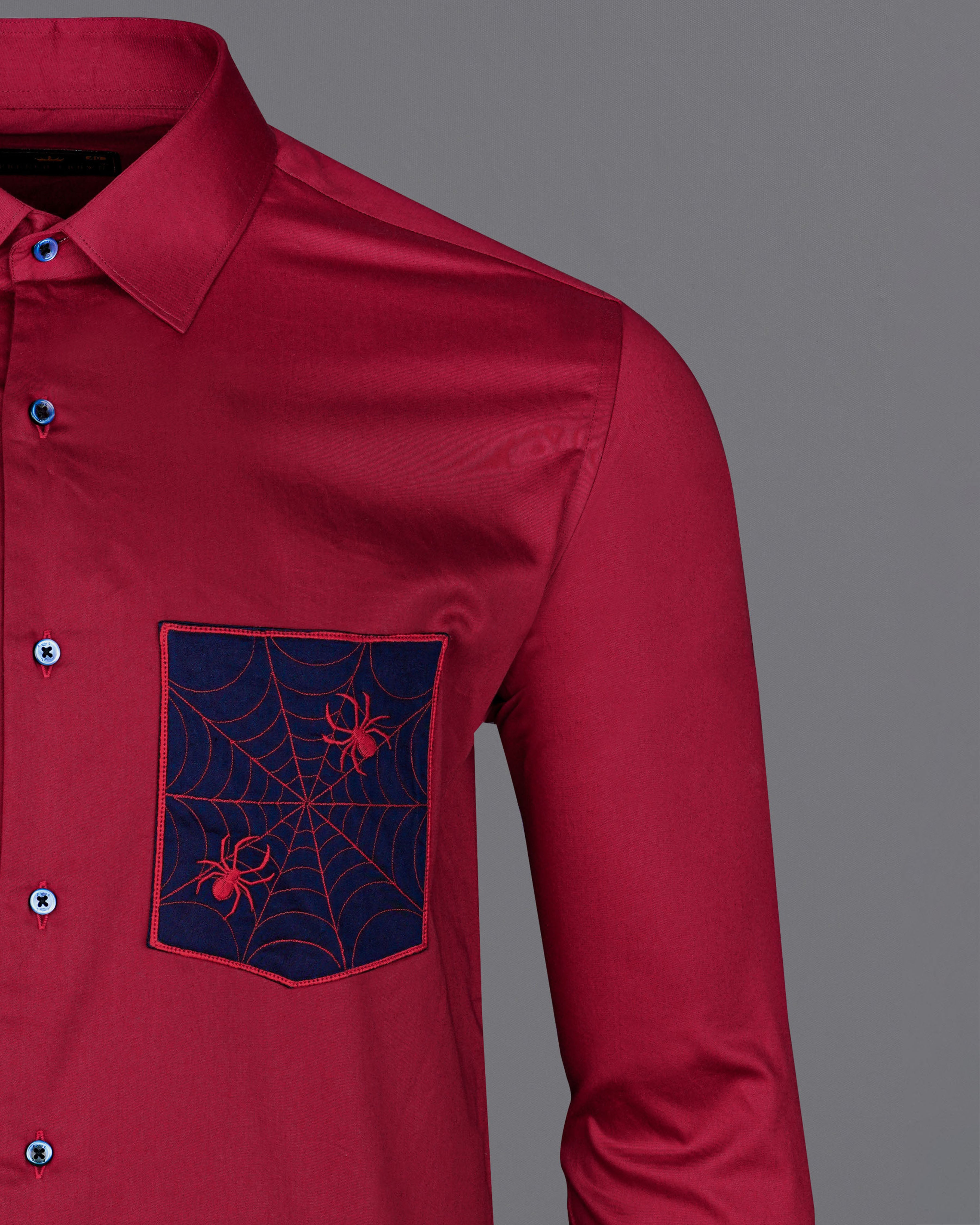 Claret Red with Mirage Blue Patch Subtle Sheen Pocket Spider Embroidered  Super Soft Premium Cotton Shirt 8440-E007-38, 8440-E007-H-38, 8440-E007-39, 8440-E007-H-39, 8440-E007-40, 8440-E007-H-40, 8440-E007-42, 8440-E007-H-42, 8440-E007-44, 8440-E007-H-44, 8440-E007-46, 8440-E007-H-46, 8440-E007-48, 8440-E007-H-48, 8440-E007-50, 8440-E007-H-50, 8440-E007-52, 8440-E007-H-52