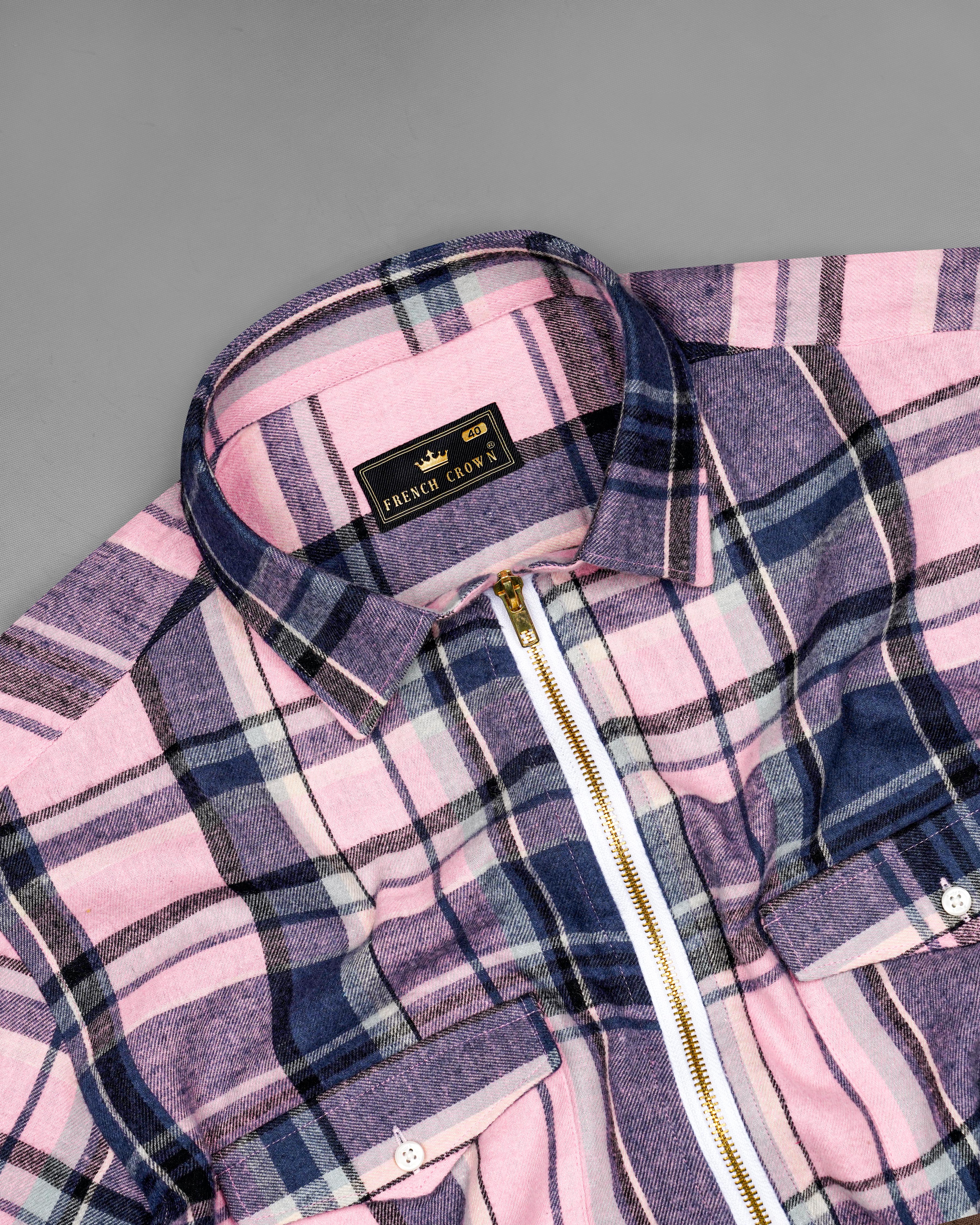 Azalea Pink with Chambray Navy Blue and Black Plaid Flannel Designer Overshirt/Shacket with Zipper Closure 8443-OS-FP-38, 8443-OS-FP-H-38, 8443-OS-FP-39, 8443-OS-FP-H-39, 8443-OS-FP-40, 8443-OS-FP-H-40, 8443-OS-FP-42, 8443-OS-FP-H-42, 8443-OS-FP-44, 8443-OS-FP-H-44, 8443-OS-FP-46, 8443-OS-FP-H-46, 8443-OS-FP-48, 8443-OS-FP-H-48, 8443-OS-FP-50, 8443-OS-FP-H-50, 8443-OS-FP-52, 8443-OS-FP-H-52